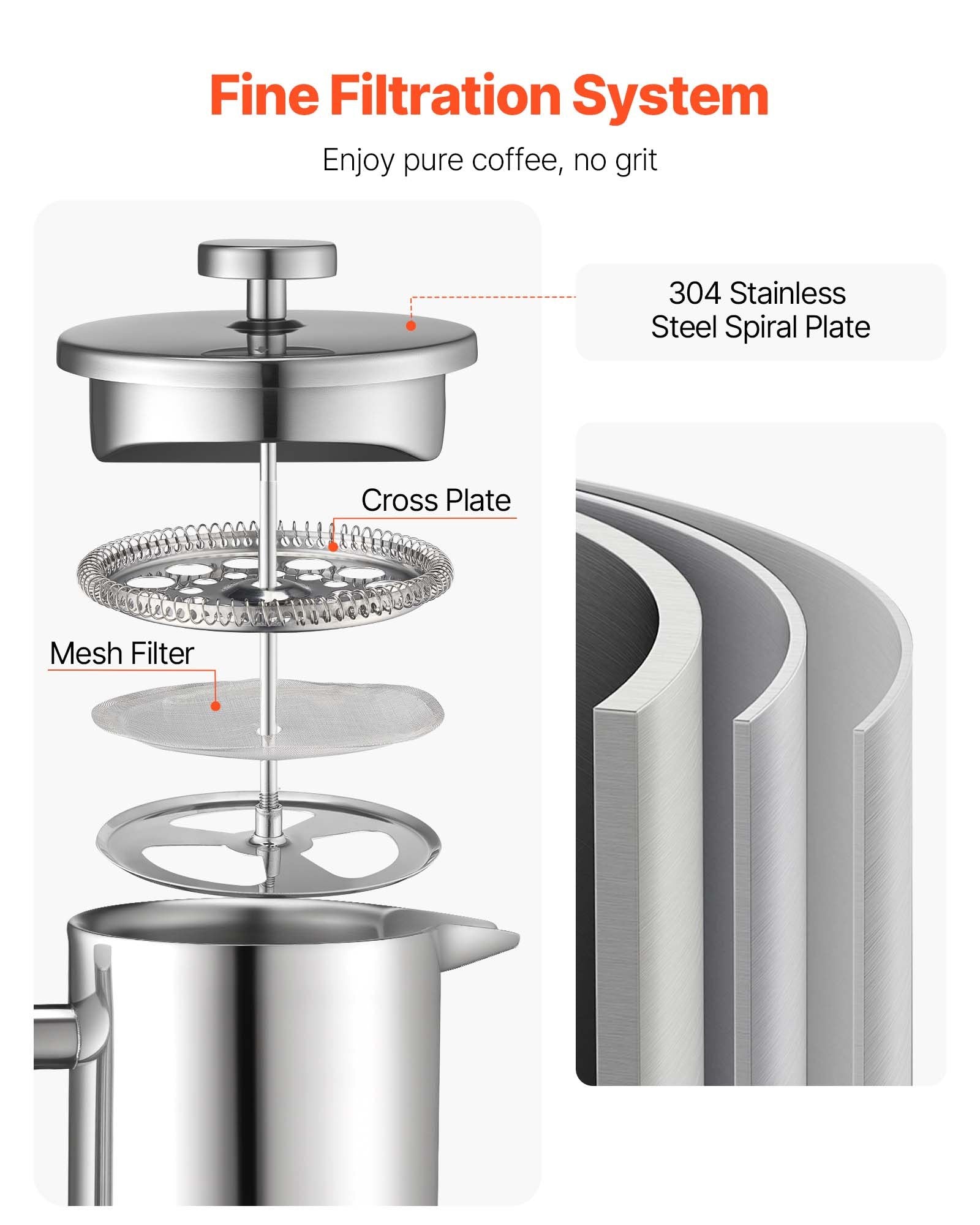 Distilling & Brewing: VEVOR French Press Coffee Maker, 1.5 Liter Stainless Steel Coffee Press Tea Maker with Filter, Large Double Wall Insulated French Presses Cold Brew for Camping Travel Home Kitchen, Silver