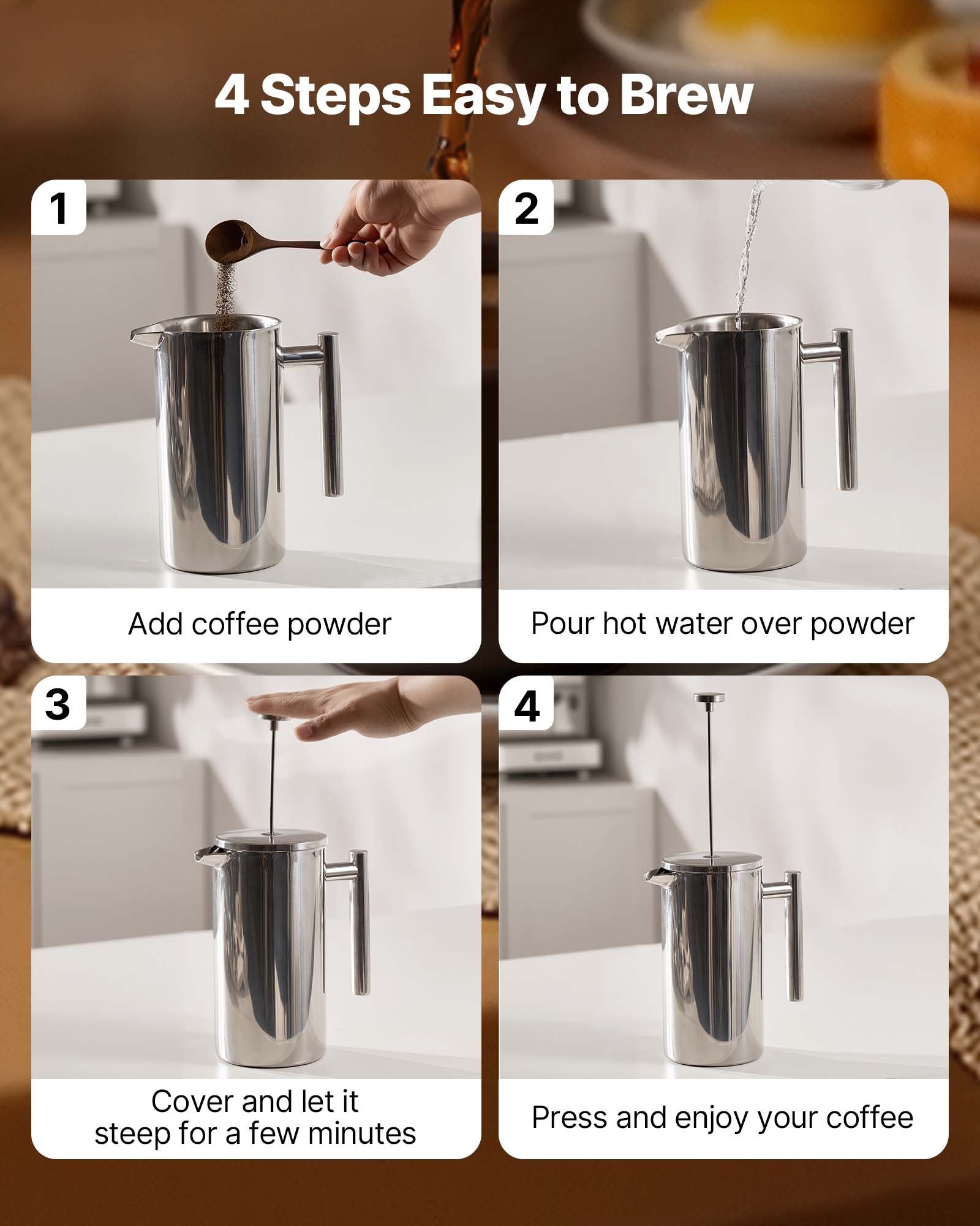 Distilling & Brewing: VEVOR French Press Coffee Maker, 1.5 Liter Stainless Steel Coffee Press Tea Maker with Filter, Large Double Wall Insulated French Presses Cold Brew for Camping Travel Home Kitchen, Silver