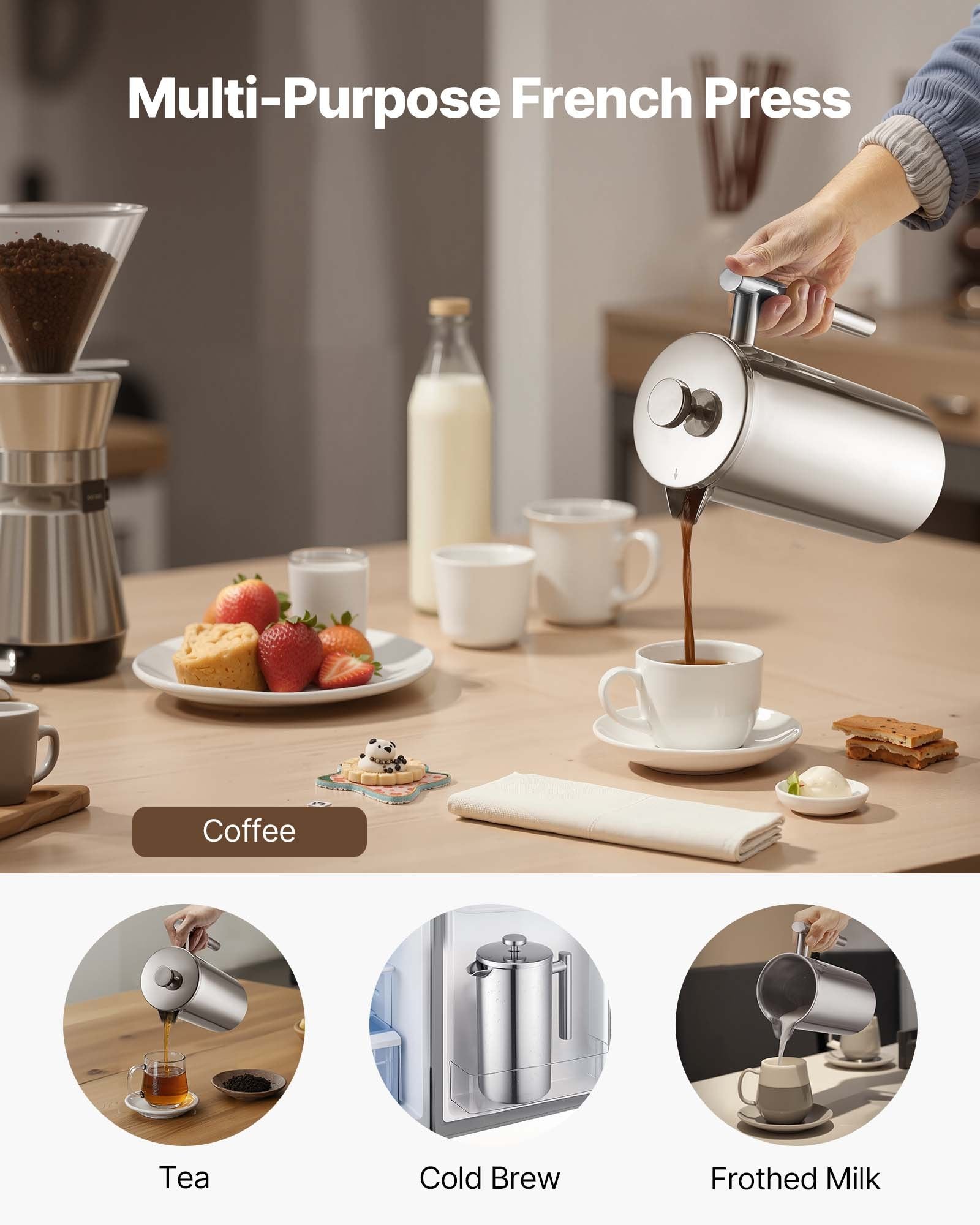 Distilling & Brewing: VEVOR French Press Coffee Maker, 1.5 Liter Stainless Steel Coffee Press Tea Maker with Filter, Large Double Wall Insulated French Presses Cold Brew for Camping Travel Home Kitchen, Silver