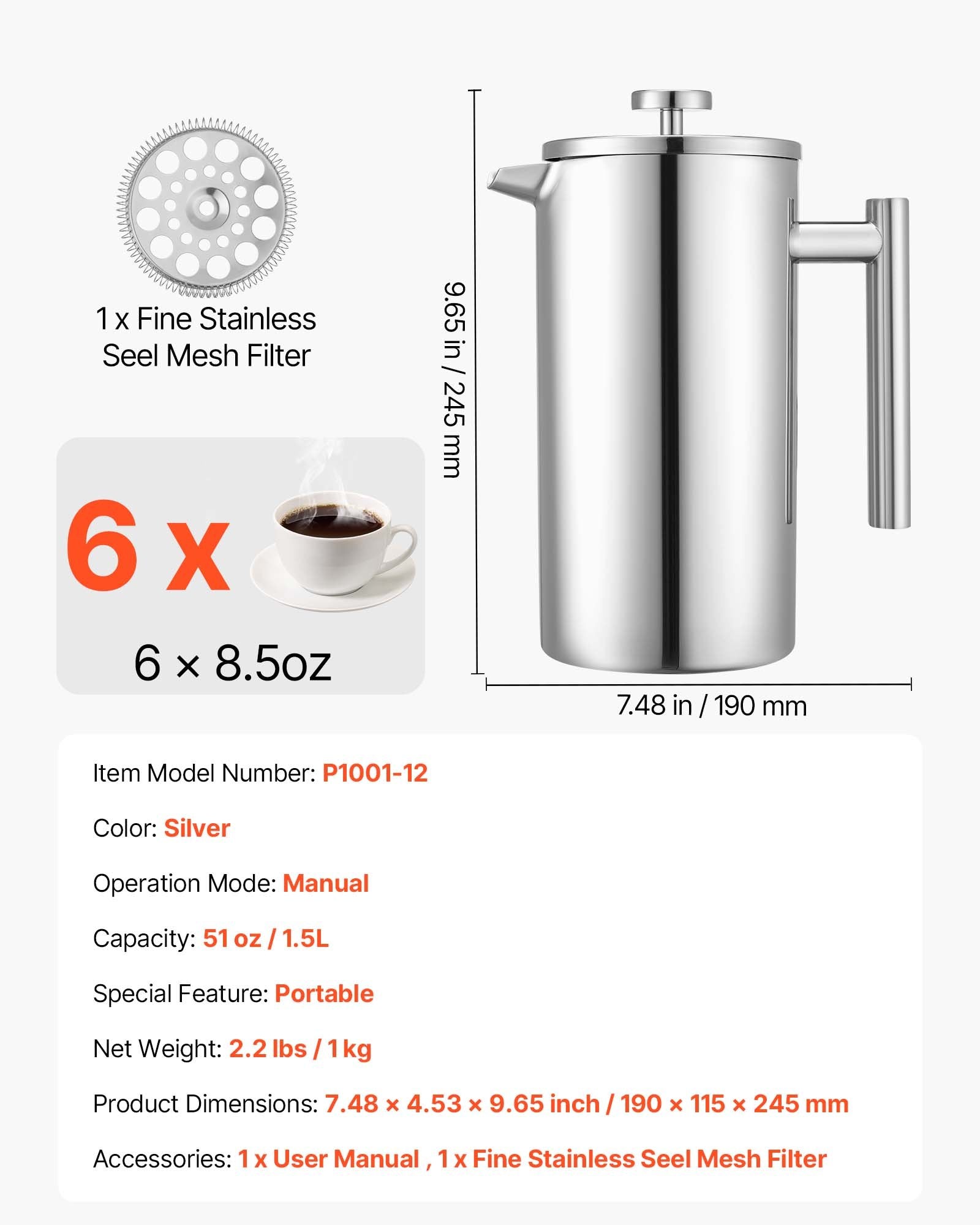 Distilling & Brewing: VEVOR French Press Coffee Maker, 1.5 Liter Stainless Steel Coffee Press Tea Maker with Filter, Large Double Wall Insulated French Presses Cold Brew for Camping Travel Home Kitchen, Silver