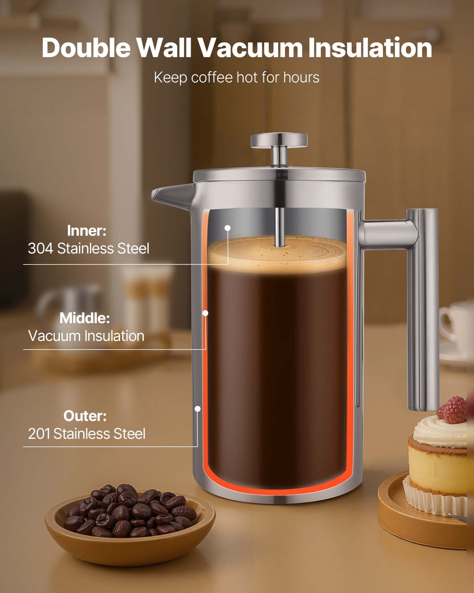 Distilling & Brewing: VEVOR French Press Coffee Maker, 1 Liter Stainless Steel Coffee Press Tea Maker with Filter, Large Double Wall Insulated French Presses Cold Brew for Camping Travel Home Kitchen, Silver