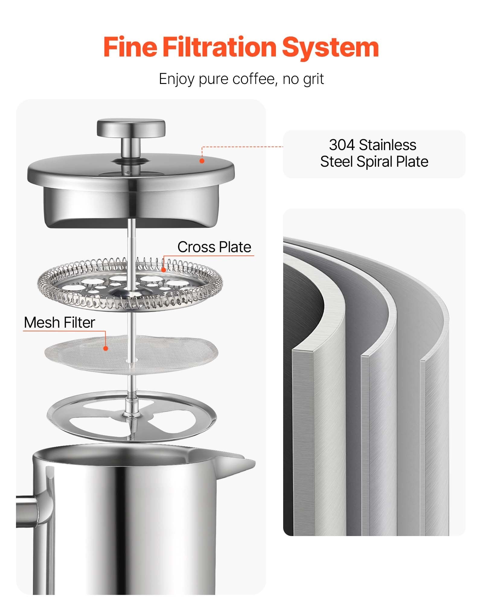 Distilling & Brewing: VEVOR French Press Coffee Maker, 1 Liter Stainless Steel Coffee Press Tea Maker with Filter, Large Double Wall Insulated French Presses Cold Brew for Camping Travel Home Kitchen, Silver