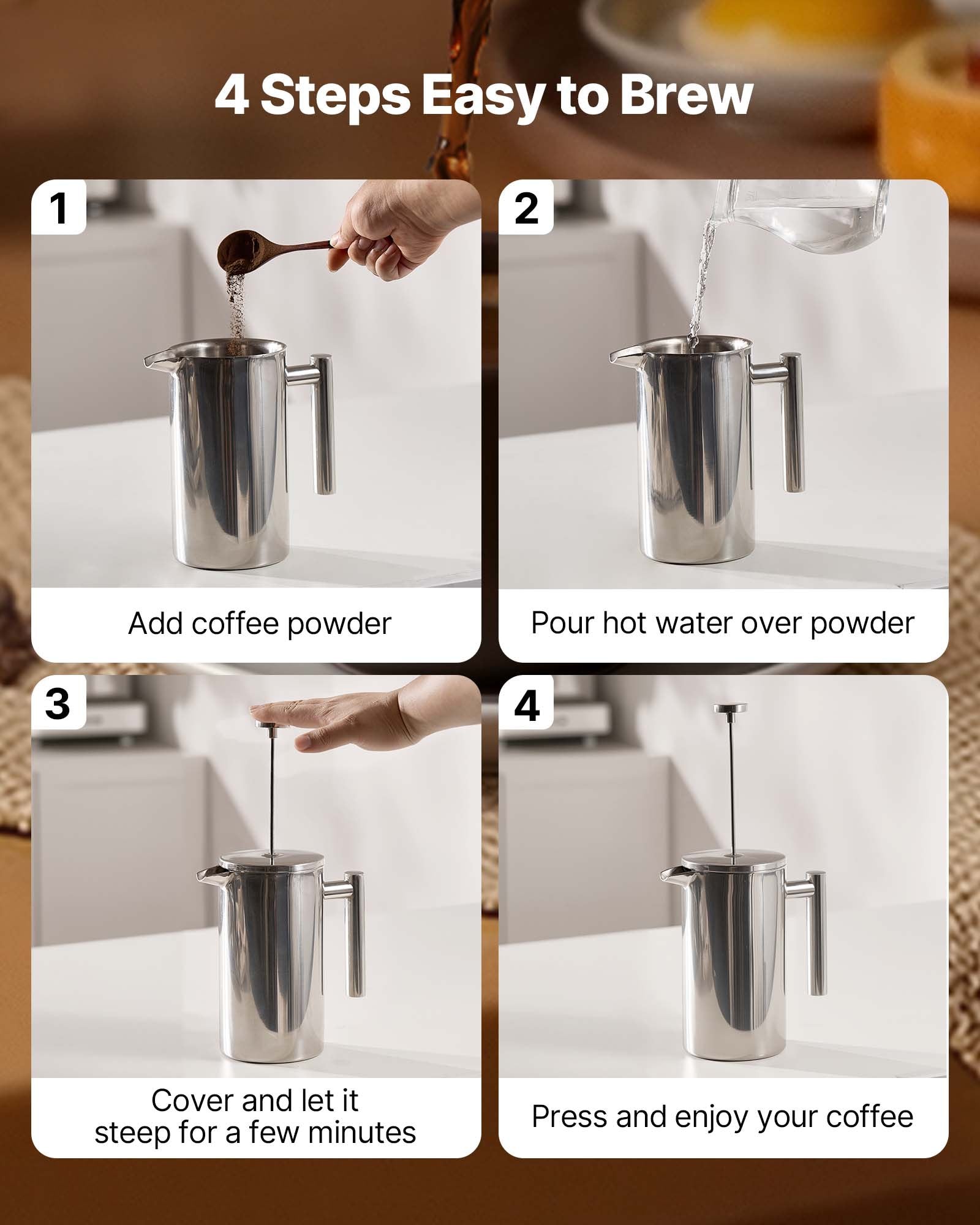 Distilling & Brewing: VEVOR French Press Coffee Maker, 1 Liter Stainless Steel Coffee Press Tea Maker with Filter, Large Double Wall Insulated French Presses Cold Brew for Camping Travel Home Kitchen, Silver