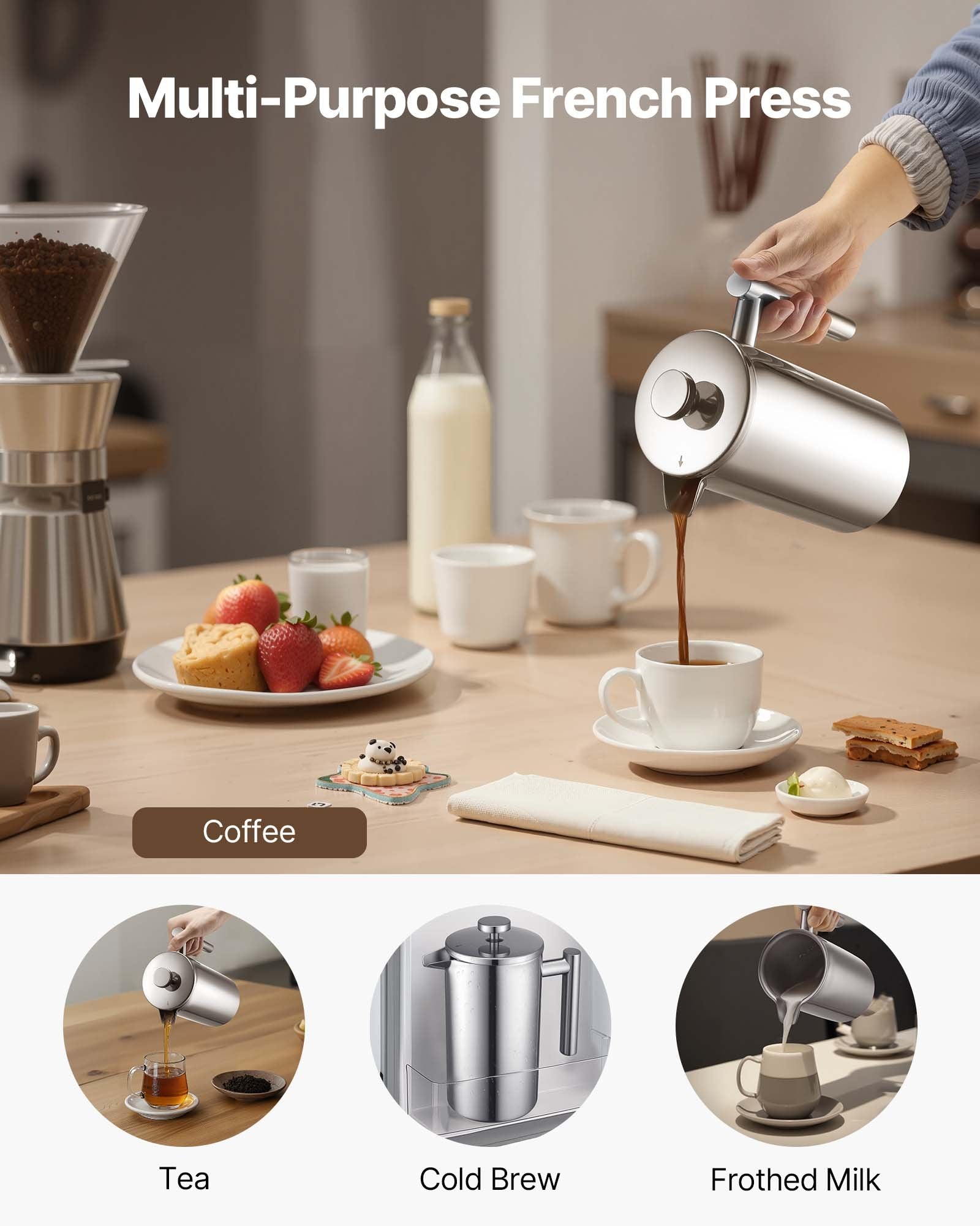 Distilling & Brewing: VEVOR French Press Coffee Maker, 1 Liter Stainless Steel Coffee Press Tea Maker with Filter, Large Double Wall Insulated French Presses Cold Brew for Camping Travel Home Kitchen, Silver