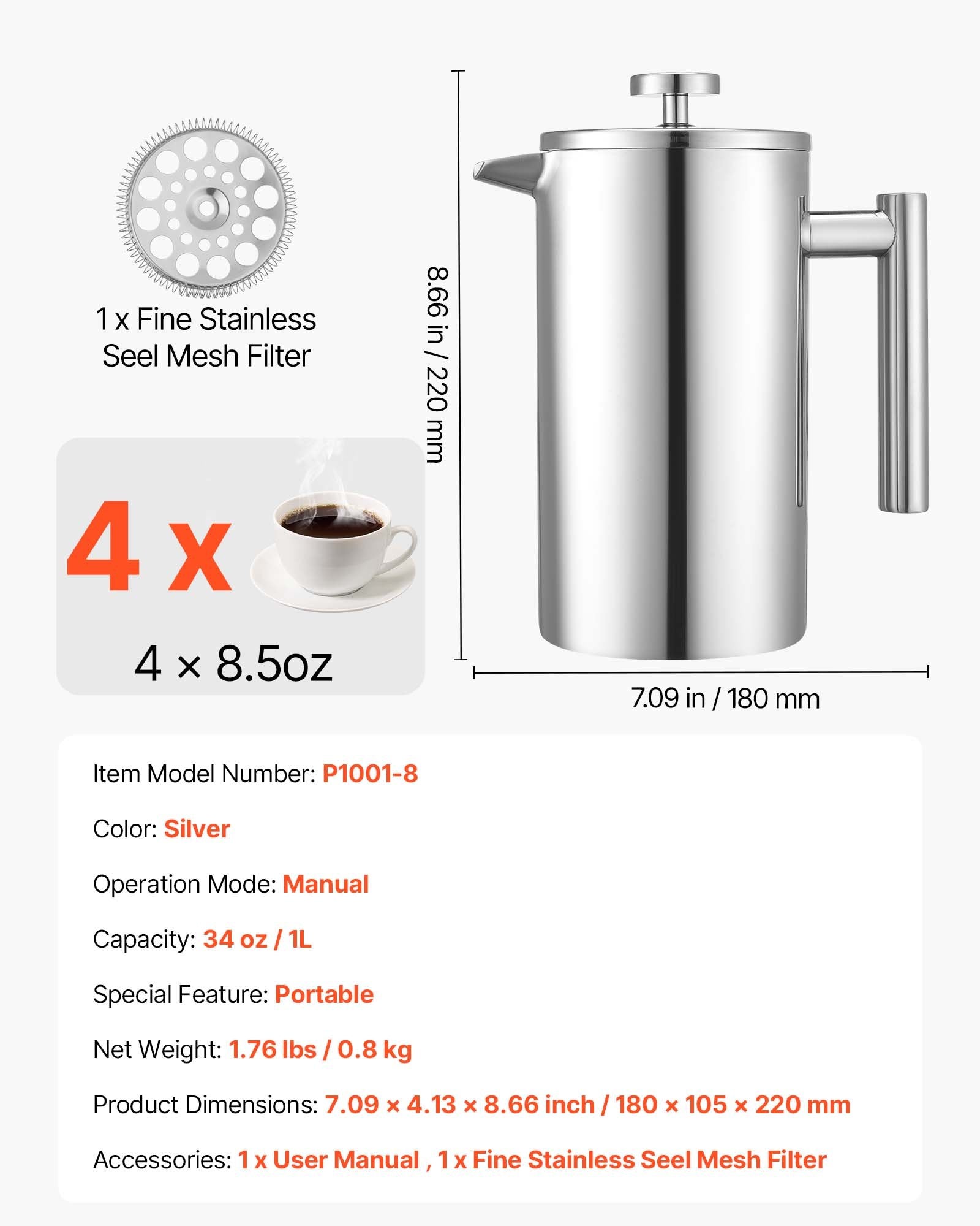 Distilling & Brewing: VEVOR French Press Coffee Maker, 1 Liter Stainless Steel Coffee Press Tea Maker with Filter, Large Double Wall Insulated French Presses Cold Brew for Camping Travel Home Kitchen, Silver