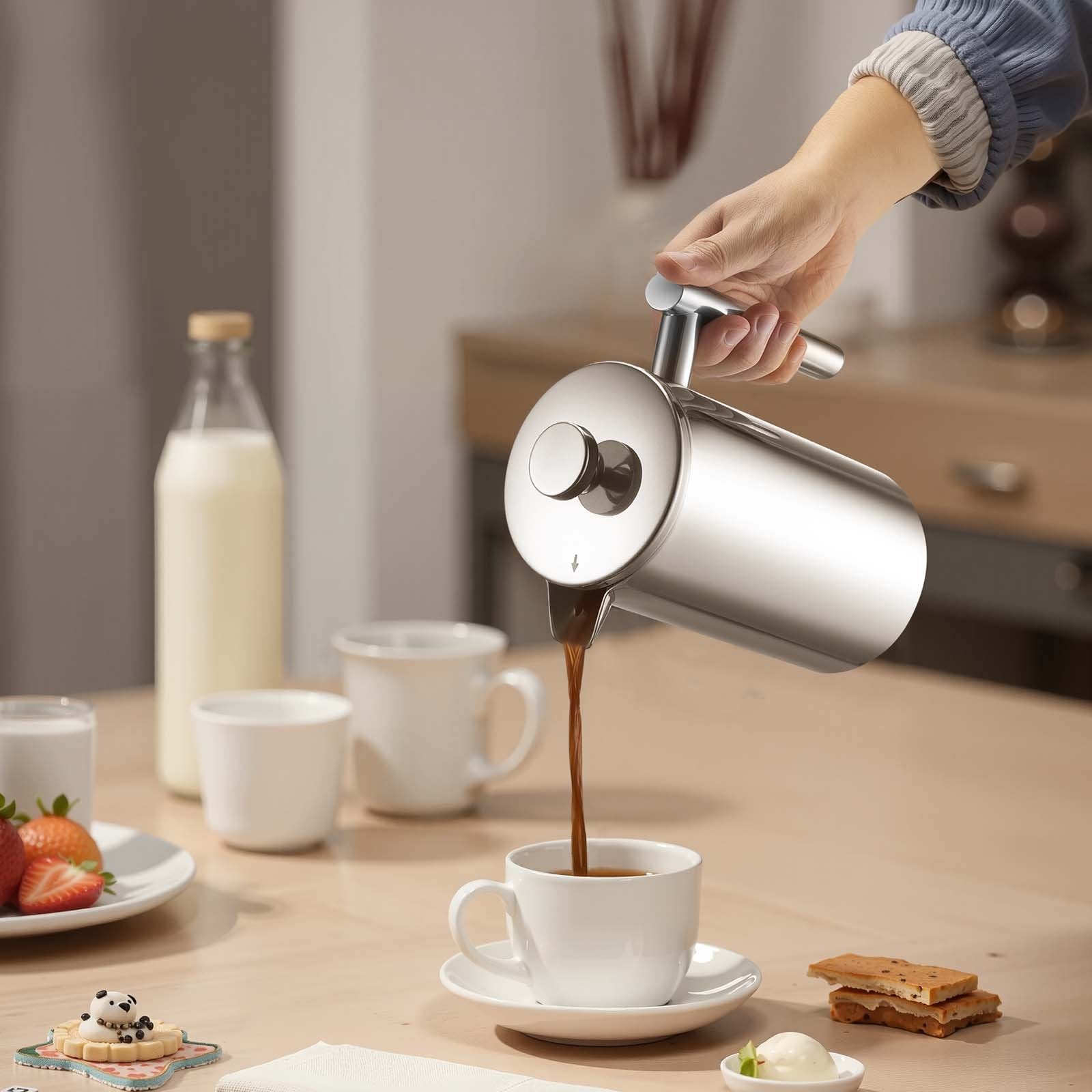 Distilling & Brewing: VEVOR French Press Coffee Maker, 1 Liter Stainless Steel Coffee Press Tea Maker with Filter, Large Double Wall Insulated French Presses Cold Brew for Camping Travel Home Kitchen, Silver