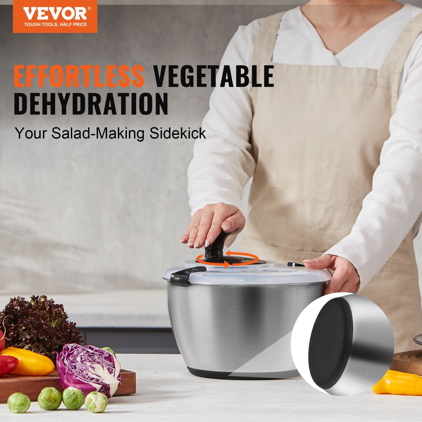 Gardening Tools: VEVOR Stainless Steel Salad Spinner, 4.5L, One-handed Easy Press Large Vegetable Dryer Washer, Lettuce Cleaner and Dryer with 304 Stainless Steel Bowl, for Greens, Herbs, Berries, Fruits, No BPA