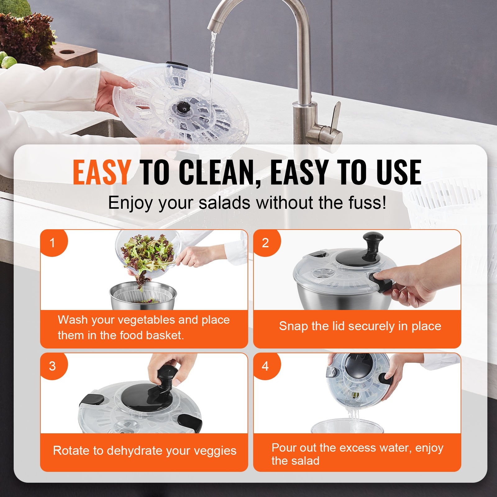 Gardening Tools: VEVOR Stainless Steel Salad Spinner, 4.5L, One-handed Easy Press Large Vegetable Dryer Washer, Lettuce Cleaner and Dryer with 304 Stainless Steel Bowl, for Greens, Herbs, Berries, Fruits, No BPA