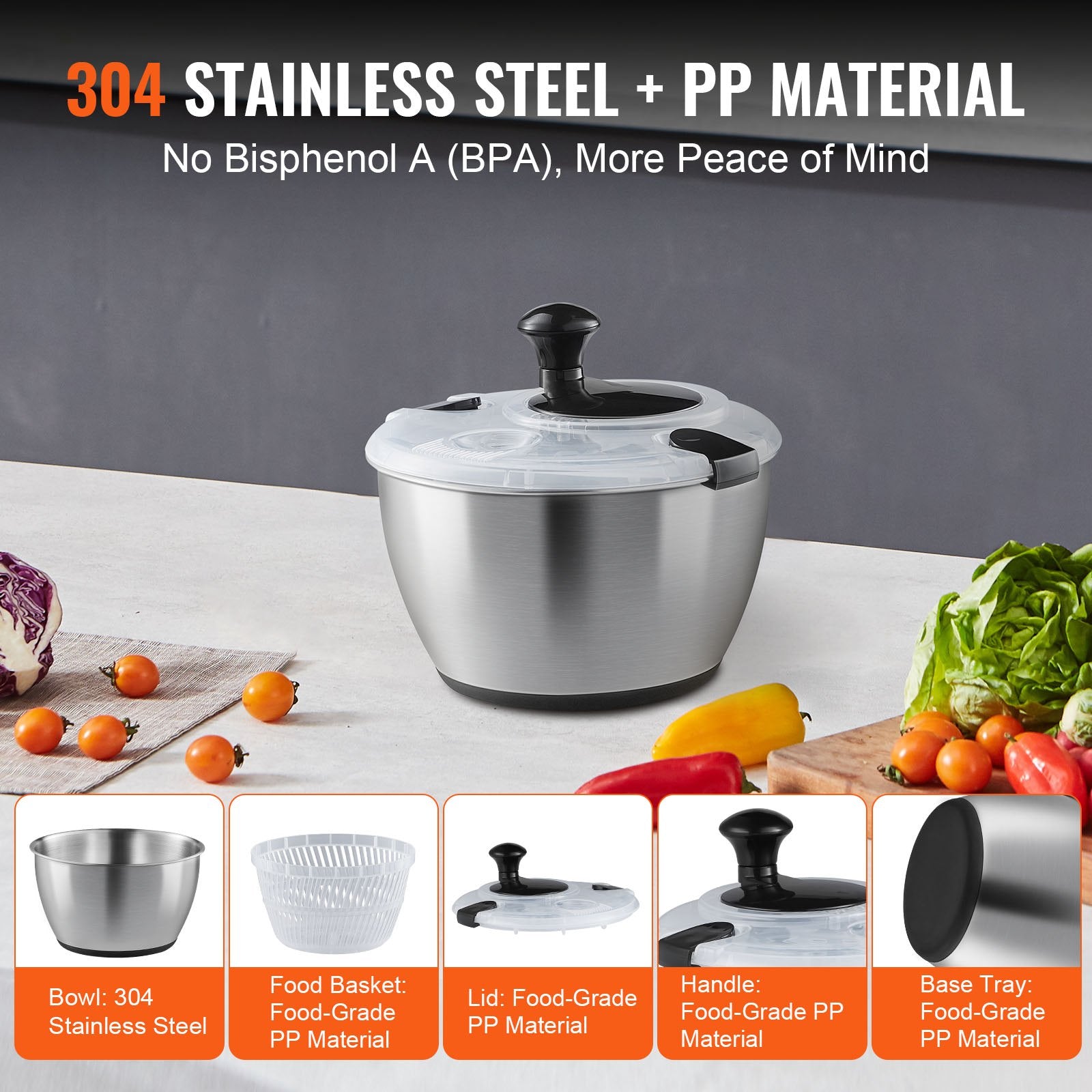 Gardening Tools: VEVOR Stainless Steel Salad Spinner, 4.5L, One-handed Easy Press Large Vegetable Dryer Washer, Lettuce Cleaner and Dryer with 304 Stainless Steel Bowl, for Greens, Herbs, Berries, Fruits, No BPA