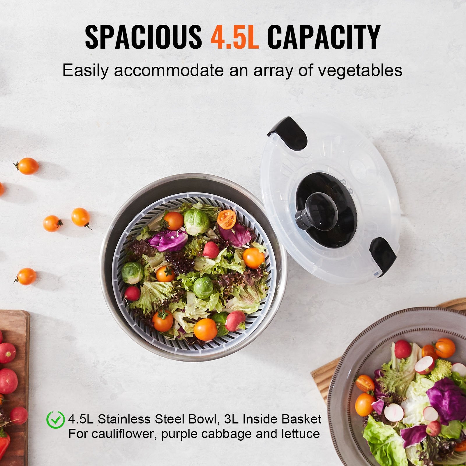 Gardening Tools: VEVOR Stainless Steel Salad Spinner, 4.5L, One-handed Easy Press Large Vegetable Dryer Washer, Lettuce Cleaner and Dryer with 304 Stainless Steel Bowl, for Greens, Herbs, Berries, Fruits, No BPA