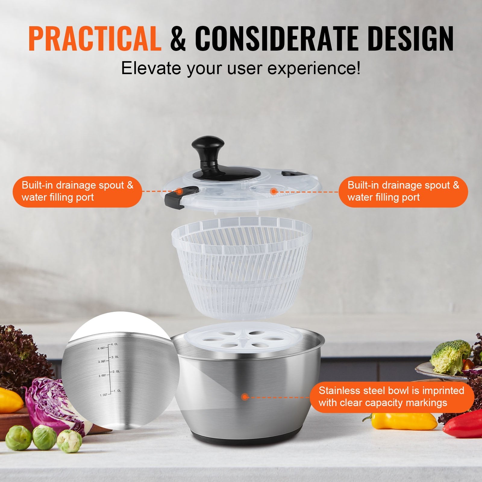 Gardening Tools: VEVOR Stainless Steel Salad Spinner, 4.5L, One-handed Easy Press Large Vegetable Dryer Washer, Lettuce Cleaner and Dryer with 304 Stainless Steel Bowl, for Greens, Herbs, Berries, Fruits, No BPA