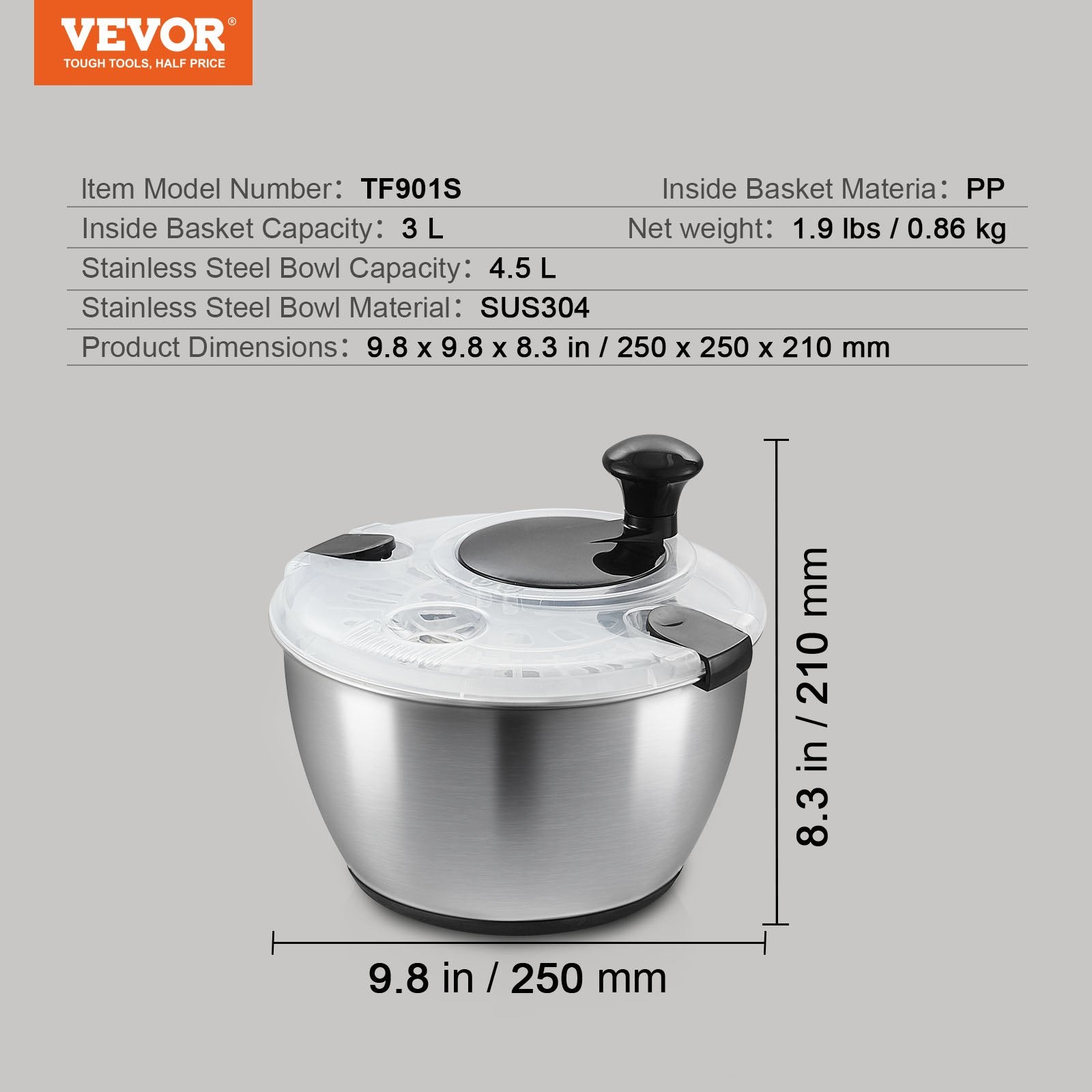 Gardening Tools: VEVOR Stainless Steel Salad Spinner, 4.5L, One-handed Easy Press Large Vegetable Dryer Washer, Lettuce Cleaner and Dryer with 304 Stainless Steel Bowl, for Greens, Herbs, Berries, Fruits, No BPA