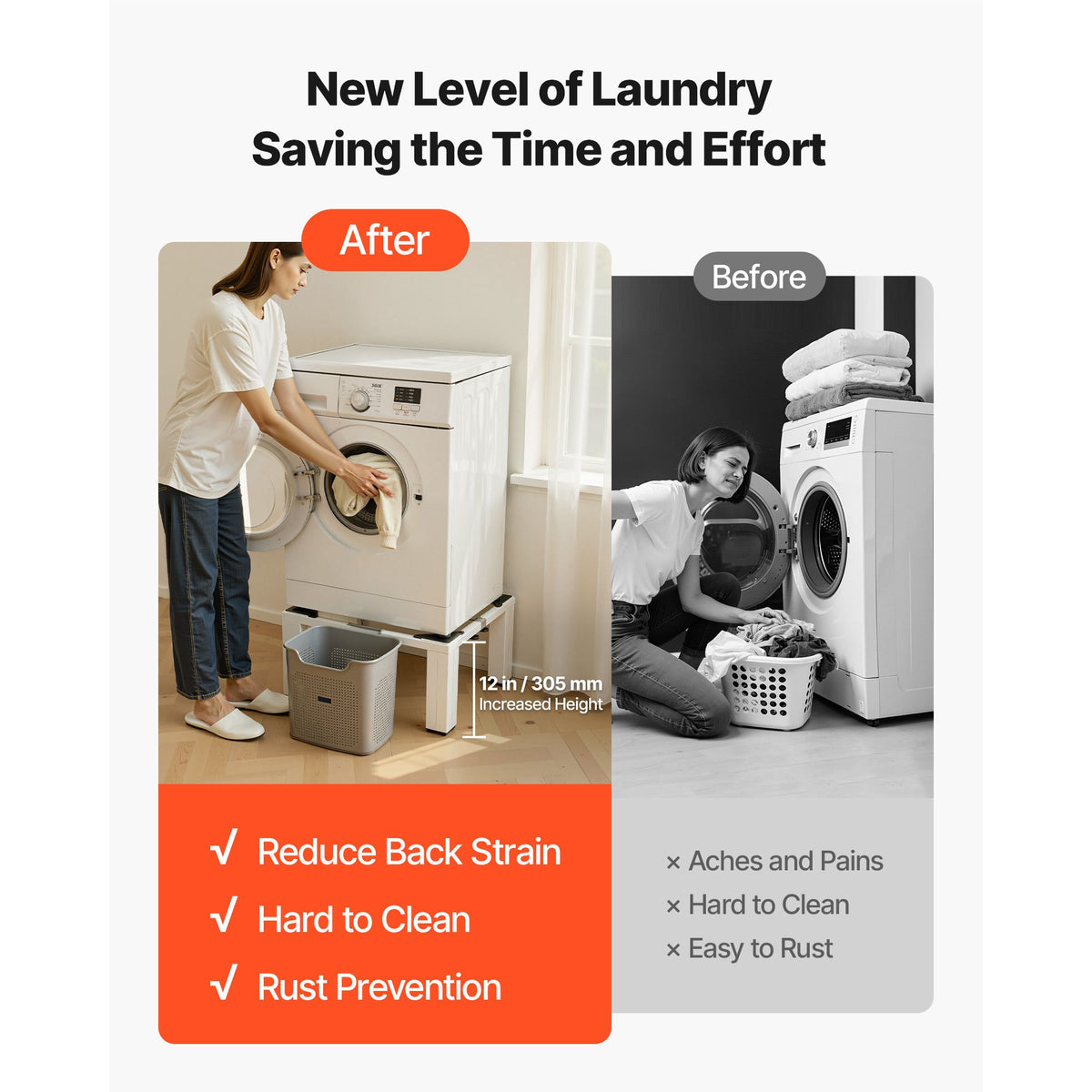 Laundry Pedestal, 305 mm Height, Washer and Dryer Pedestals with 544 kg Weight Load Capacity, 475-785 mm Adjustable, Non-Slip Feet, Heavy-duty Steel Washing Machine Stand Universal Fit, White