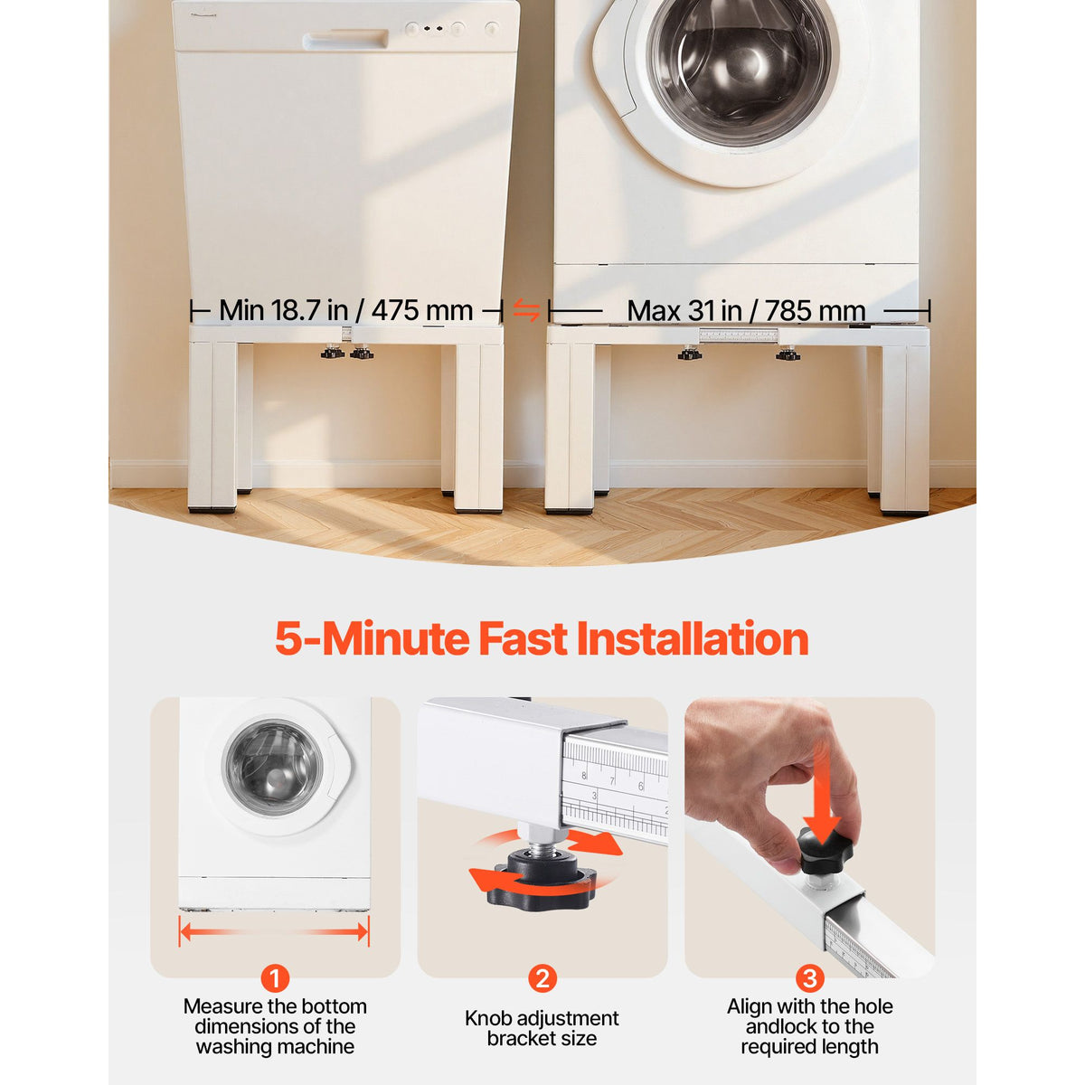 Laundry Pedestal, 305 mm Height, Washer and Dryer Pedestals with 544 kg Weight Load Capacity, 475-785 mm Adjustable, Non-Slip Feet, Heavy-duty Steel Washing Machine Stand Universal Fit, White