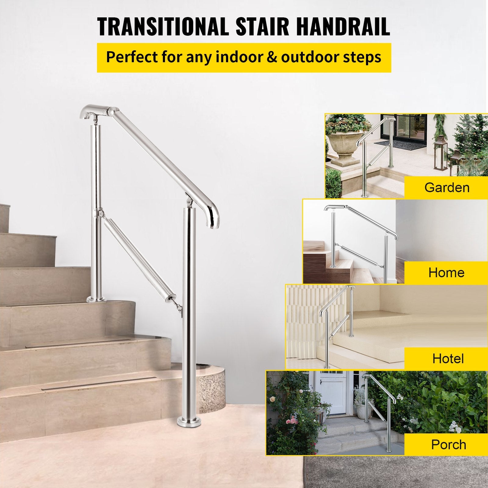 Trampolines & Accessories: VEVOR 3 Step Railing Stainless Steel Transitional Handrail fit for Level Surface and 1 to 3 Steps Adjustable Stair Railing Indoor Outdoor Step Railings 220lb Capacity W/ Installation Kit Porch DIY