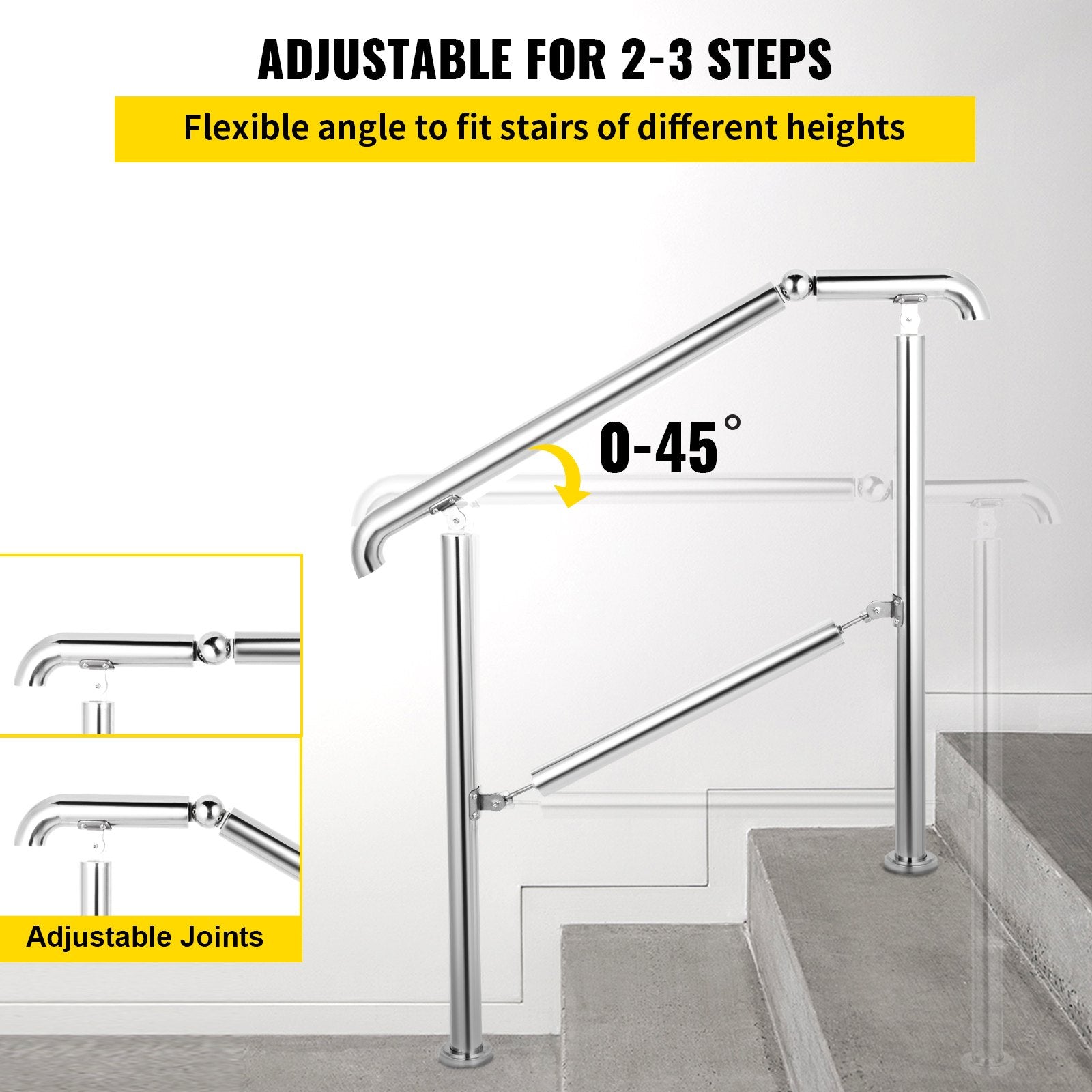 Trampolines & Accessories: VEVOR 3 Step Railing Stainless Steel Transitional Handrail fit for Level Surface and 1 to 3 Steps Adjustable Stair Railing Indoor Outdoor Step Railings 220lb Capacity W/ Installation Kit Porch DIY