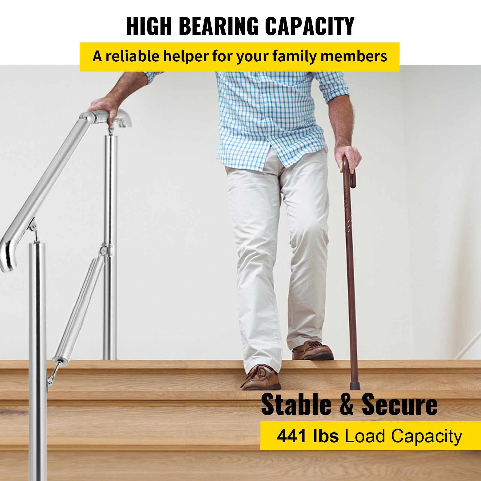 Trampolines & Accessories: VEVOR 3 Step Railing Stainless Steel Transitional Handrail fit for Level Surface and 1 to 3 Steps Adjustable Stair Railing Indoor Outdoor Step Railings 220lb Capacity W/ Installation Kit Porch DIY