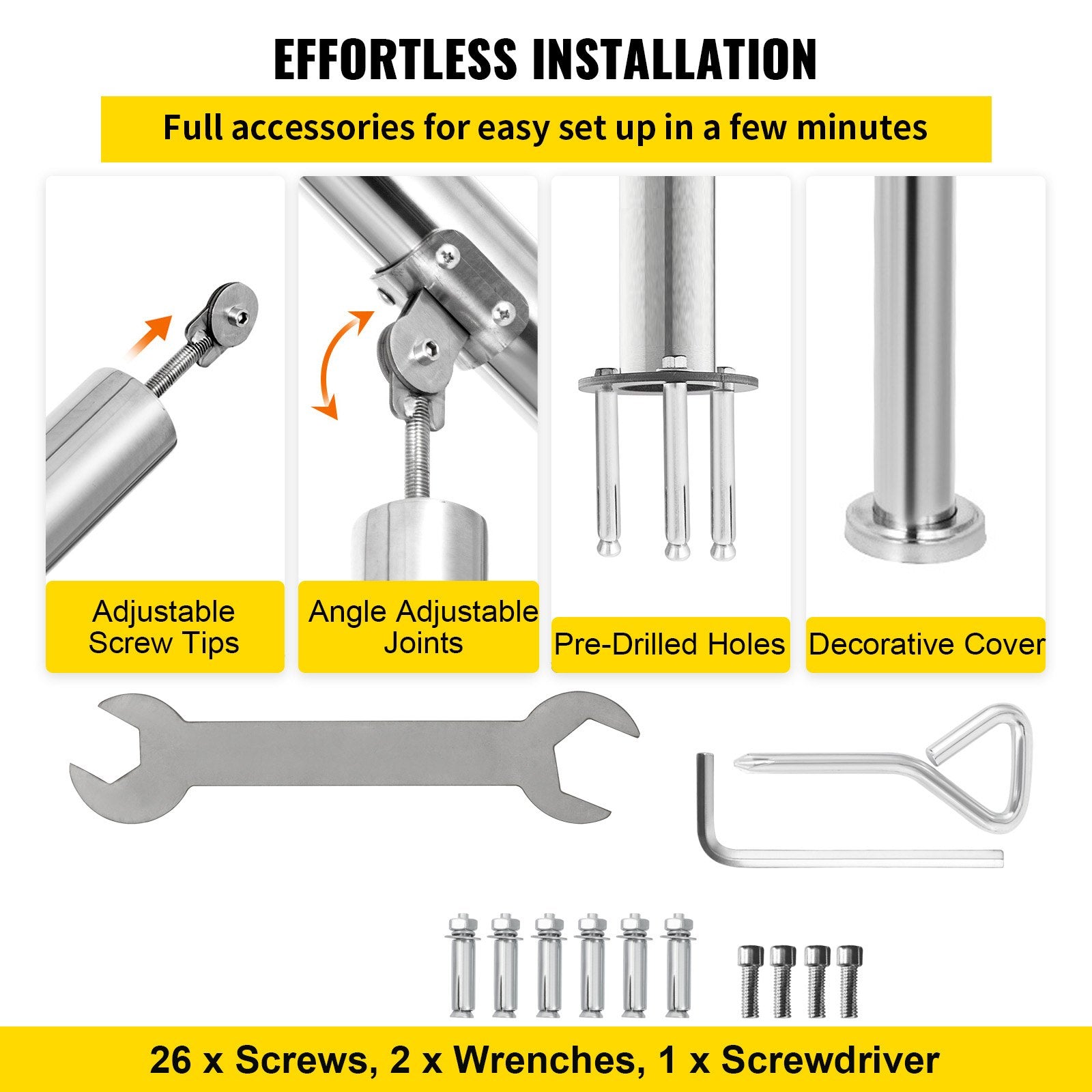 Trampolines & Accessories: VEVOR 3 Step Railing Stainless Steel Transitional Handrail fit for Level Surface and 1 to 3 Steps Adjustable Stair Railing Indoor Outdoor Step Railings 220lb Capacity W/ Installation Kit Porch DIY