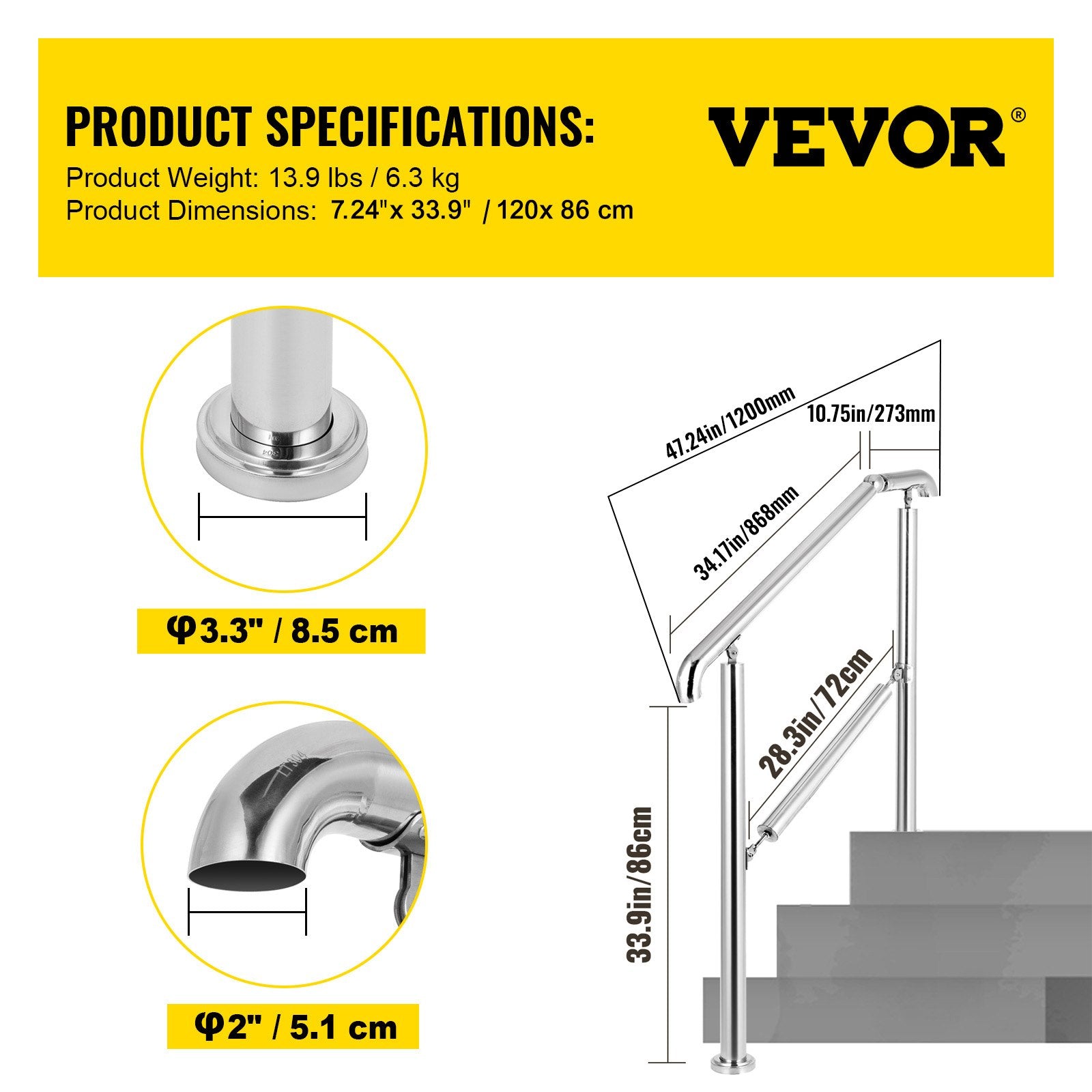 Trampolines & Accessories: VEVOR 3 Step Railing Stainless Steel Transitional Handrail fit for Level Surface and 1 to 3 Steps Adjustable Stair Railing Indoor Outdoor Step Railings 220lb Capacity W/ Installation Kit Porch DIY