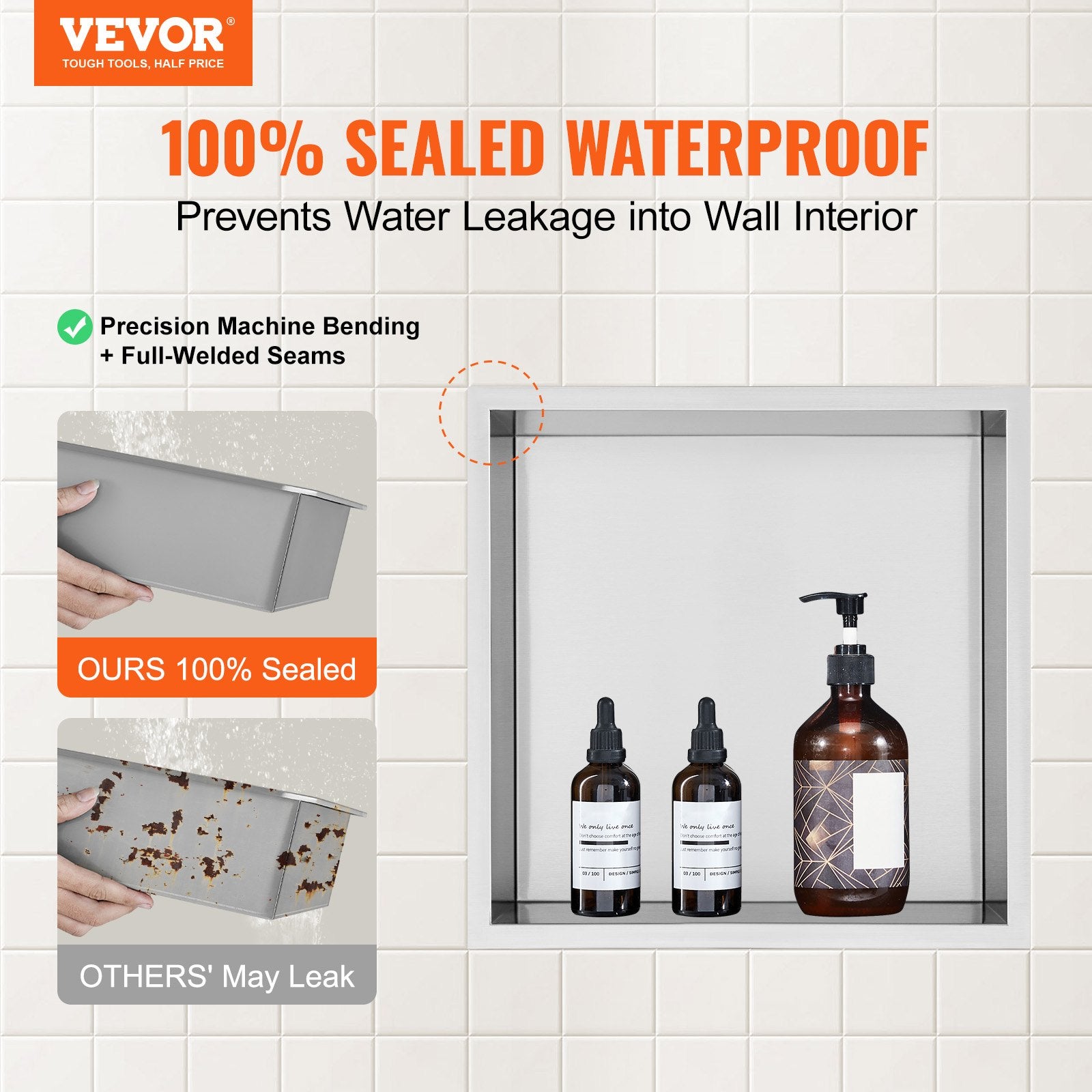 Bathroom Cabinets, Cupboards & Storage: VEVOR 33.02 x 33.02 cm No Tile Shower Niche 304 Stainless Steel, Wall-Inserted Niche Recessed Double Shelves, Sealed Waterproof Rust-Resistant Modern Niche for Shower Bathroom Soap Storage, Silver