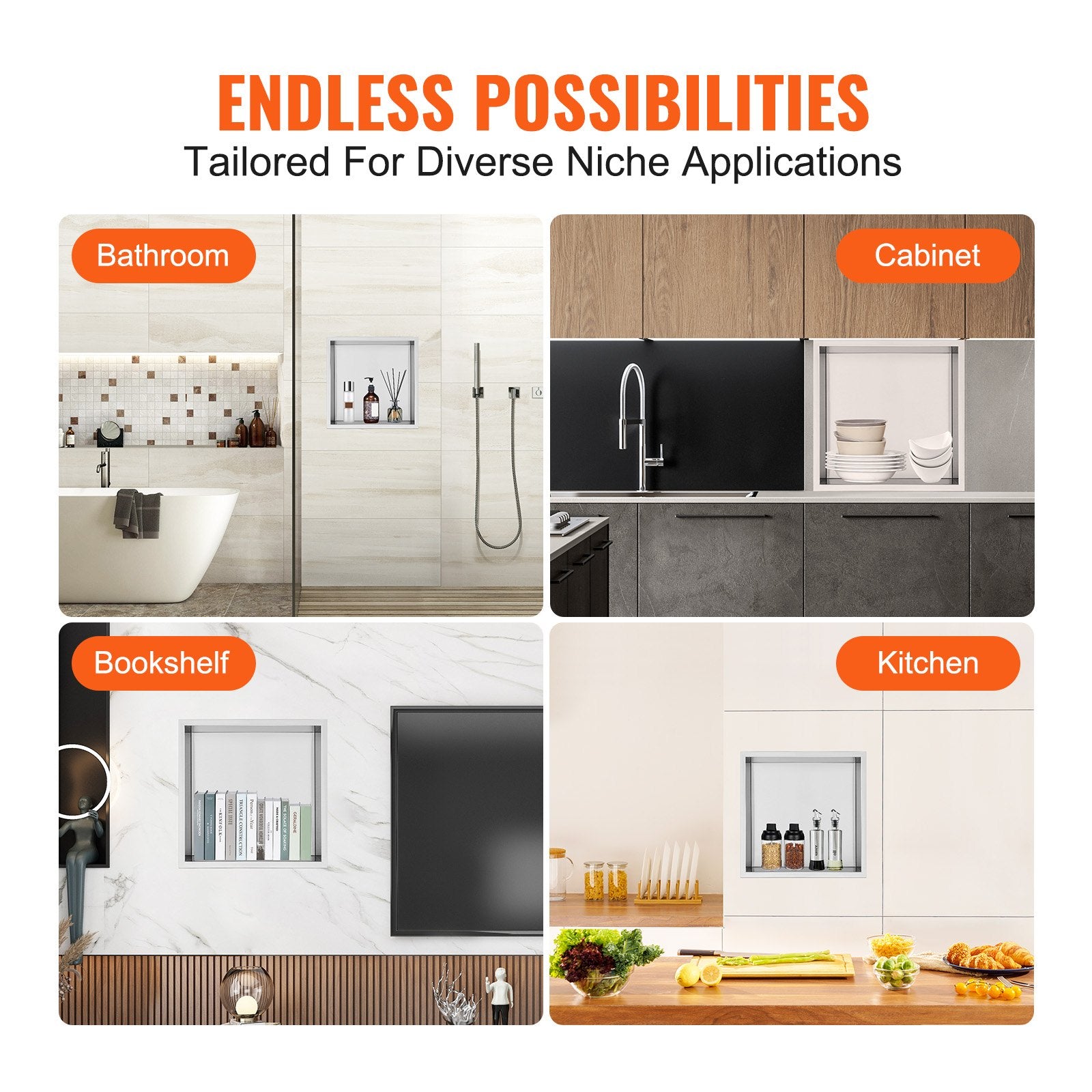 Bathroom Cabinets, Cupboards & Storage: VEVOR 33.02 x 33.02 cm No Tile Shower Niche 304 Stainless Steel, Wall-Inserted Niche Recessed Double Shelves, Sealed Waterproof Rust-Resistant Modern Niche for Shower Bathroom Soap Storage, Silver