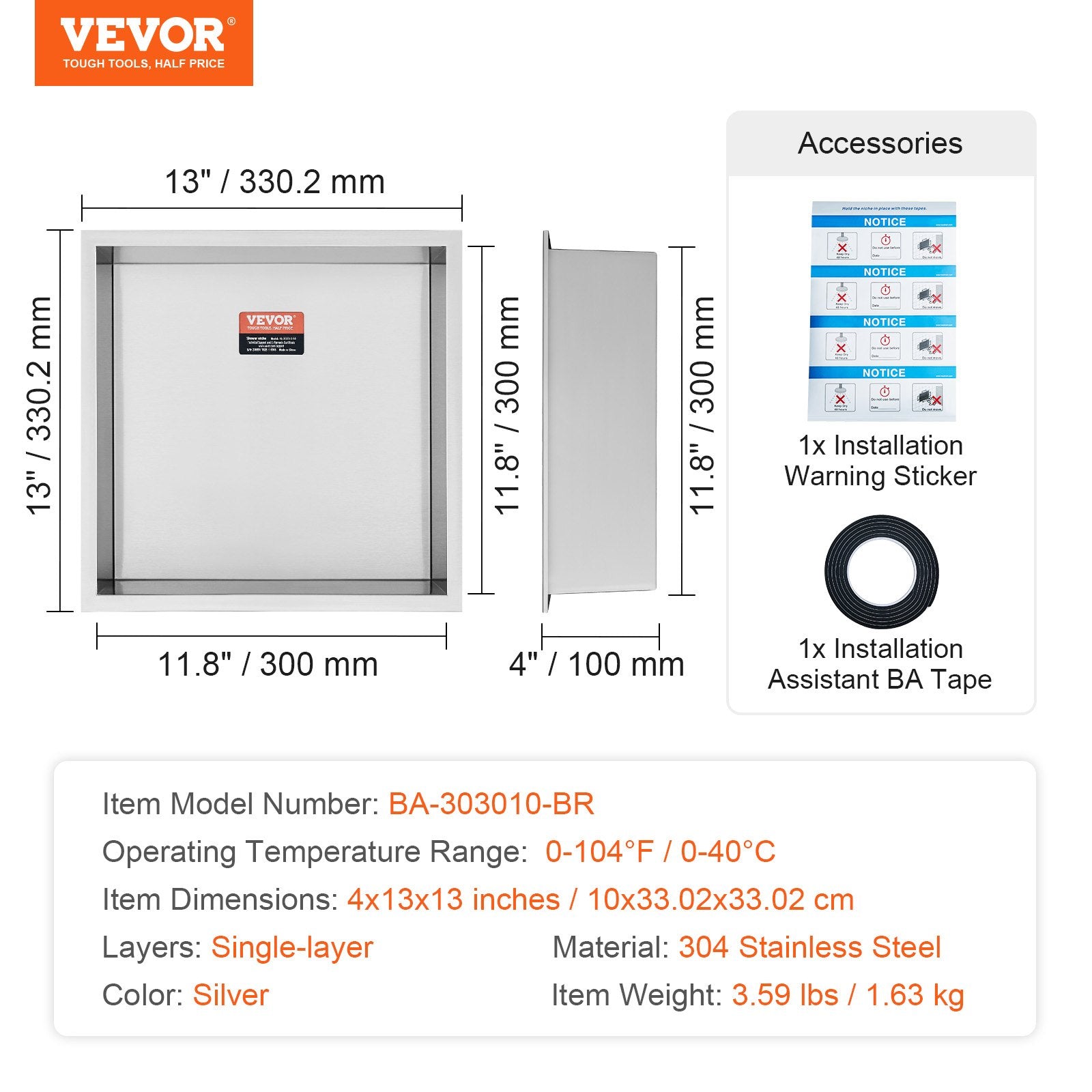 Bathroom Cabinets, Cupboards & Storage: VEVOR 33.02 x 33.02 cm No Tile Shower Niche 304 Stainless Steel, Wall-Inserted Niche Recessed Double Shelves, Sealed Waterproof Rust-Resistant Modern Niche for Shower Bathroom Soap Storage, Silver