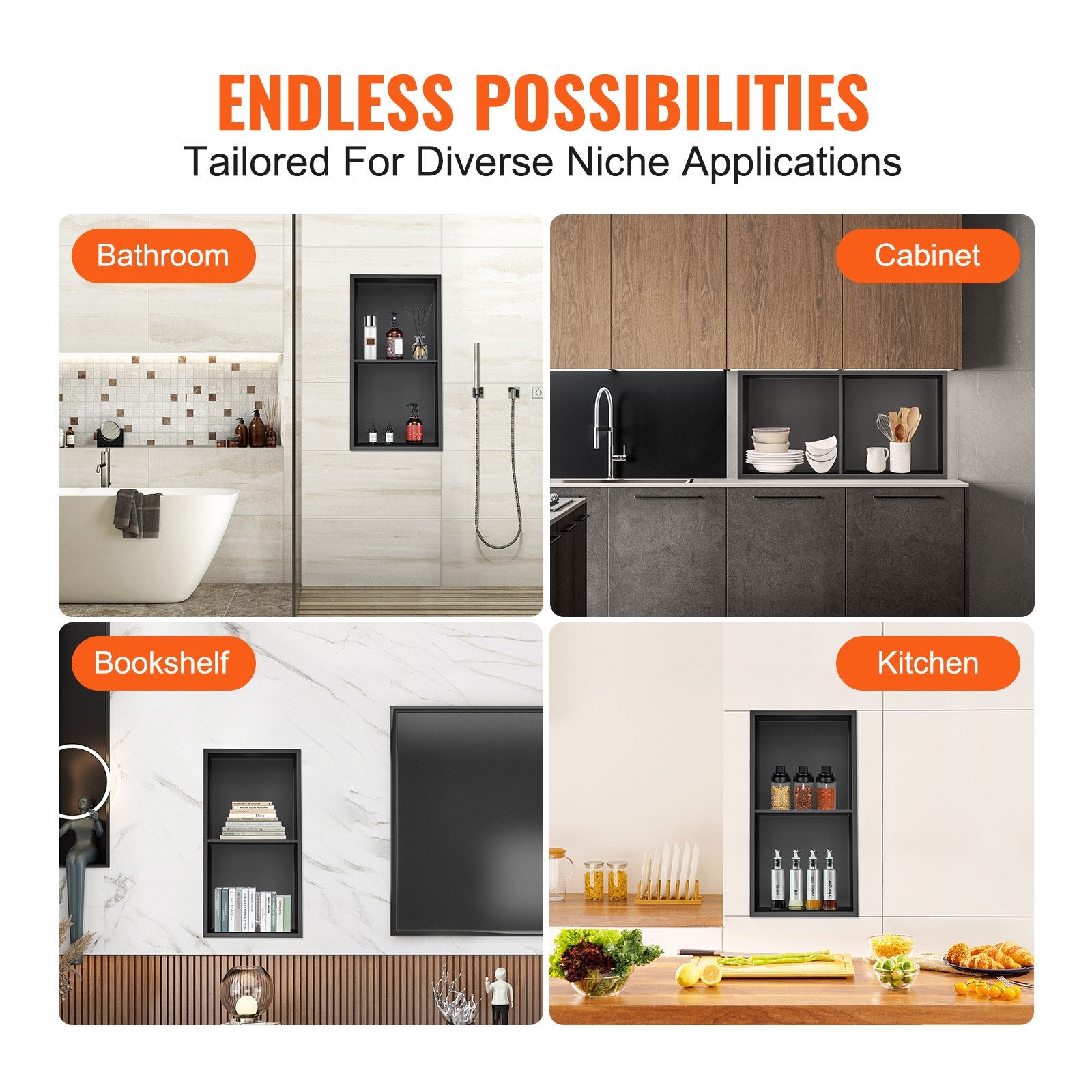 Bathroom Cabinets, Cupboards & Storage: VEVOR 33.02 x 63.5 cm No Tile Shower Niche 304 Stainless Steel, Wall-Inserted Niche Recessed Double Shelves, Sealed Waterproof Rust-Resistant Modern Niche for Shower or Soap Storage Bathroom