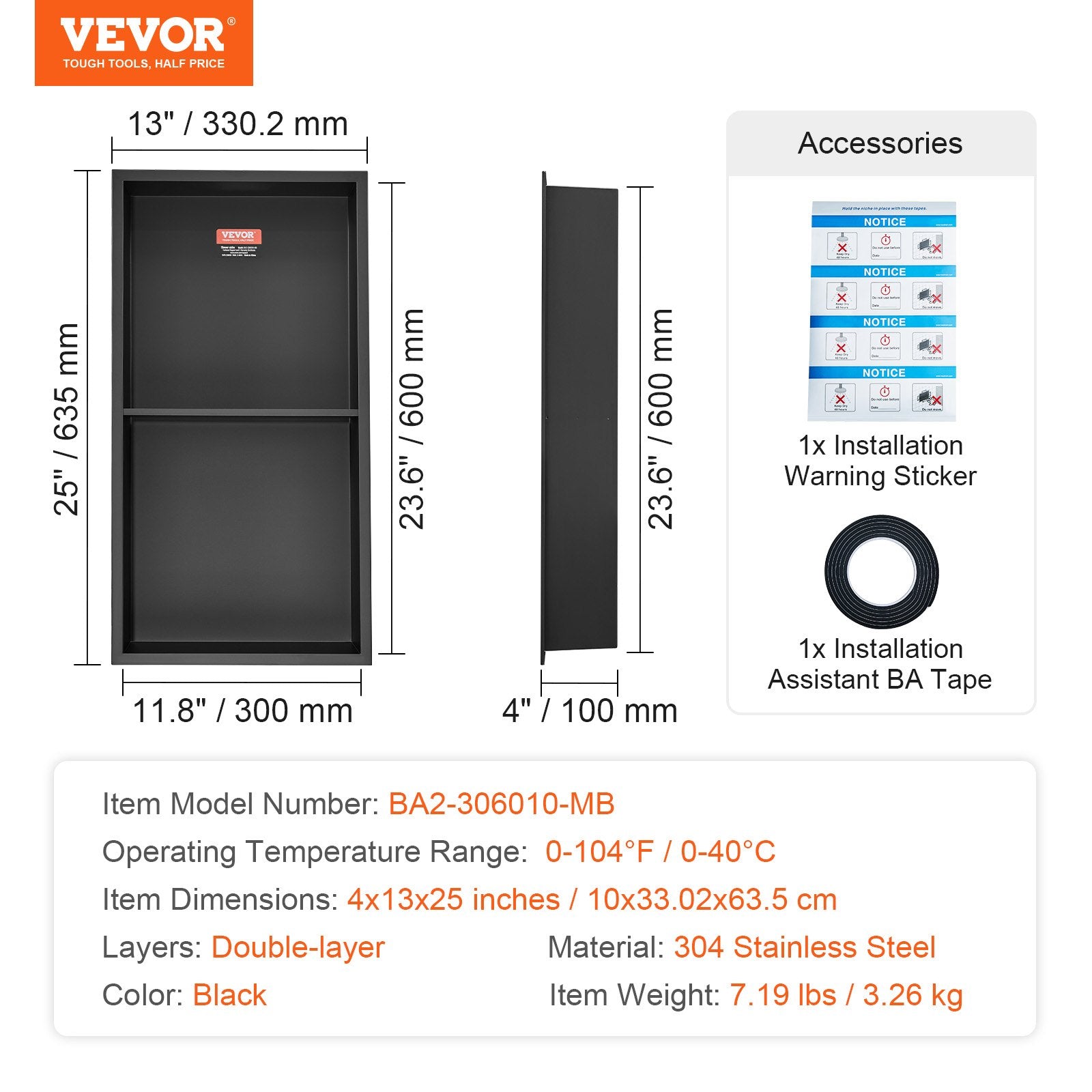 Bathroom Cabinets, Cupboards & Storage: VEVOR 33.02 x 63.5 cm No Tile Shower Niche 304 Stainless Steel, Wall-Inserted Niche Recessed Double Shelves, Sealed Waterproof Rust-Resistant Modern Niche for Shower or Soap Storage Bathroom