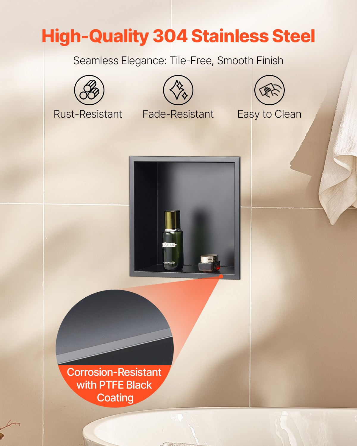 Bathroom Cabinets, Cupboards & Storage: VEVOR Shower Niche, 33.0 x 33.0 x 10.2 cm Recessed Wall Niche, Heavy-duty Stainless Steel Modern Soap & Shampoo Storage Organizer, Sealed Waterproof, Durable & Easy to Install, Black for Bathroom