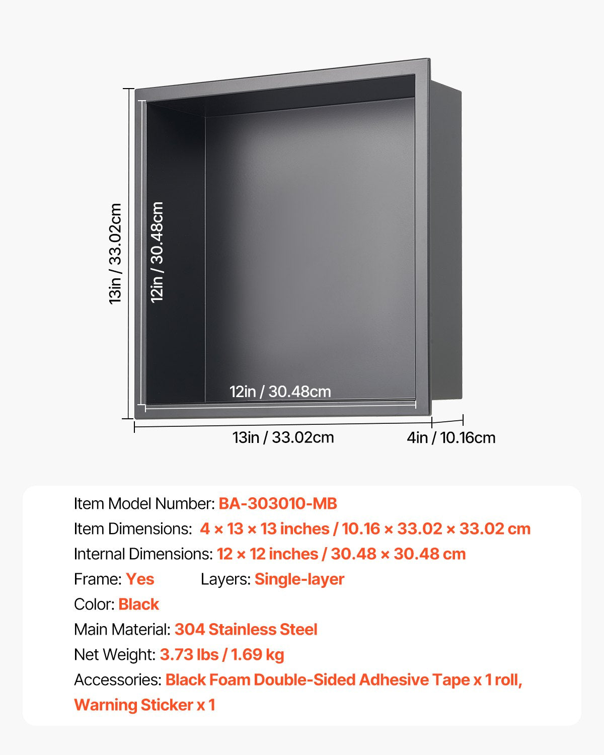 Bathroom Cabinets, Cupboards & Storage: VEVOR Shower Niche, 33.0 x 33.0 x 10.2 cm Recessed Wall Niche, Heavy-duty Stainless Steel Modern Soap & Shampoo Storage Organizer, Sealed Waterproof, Durable & Easy to Install, Black for Bathroom