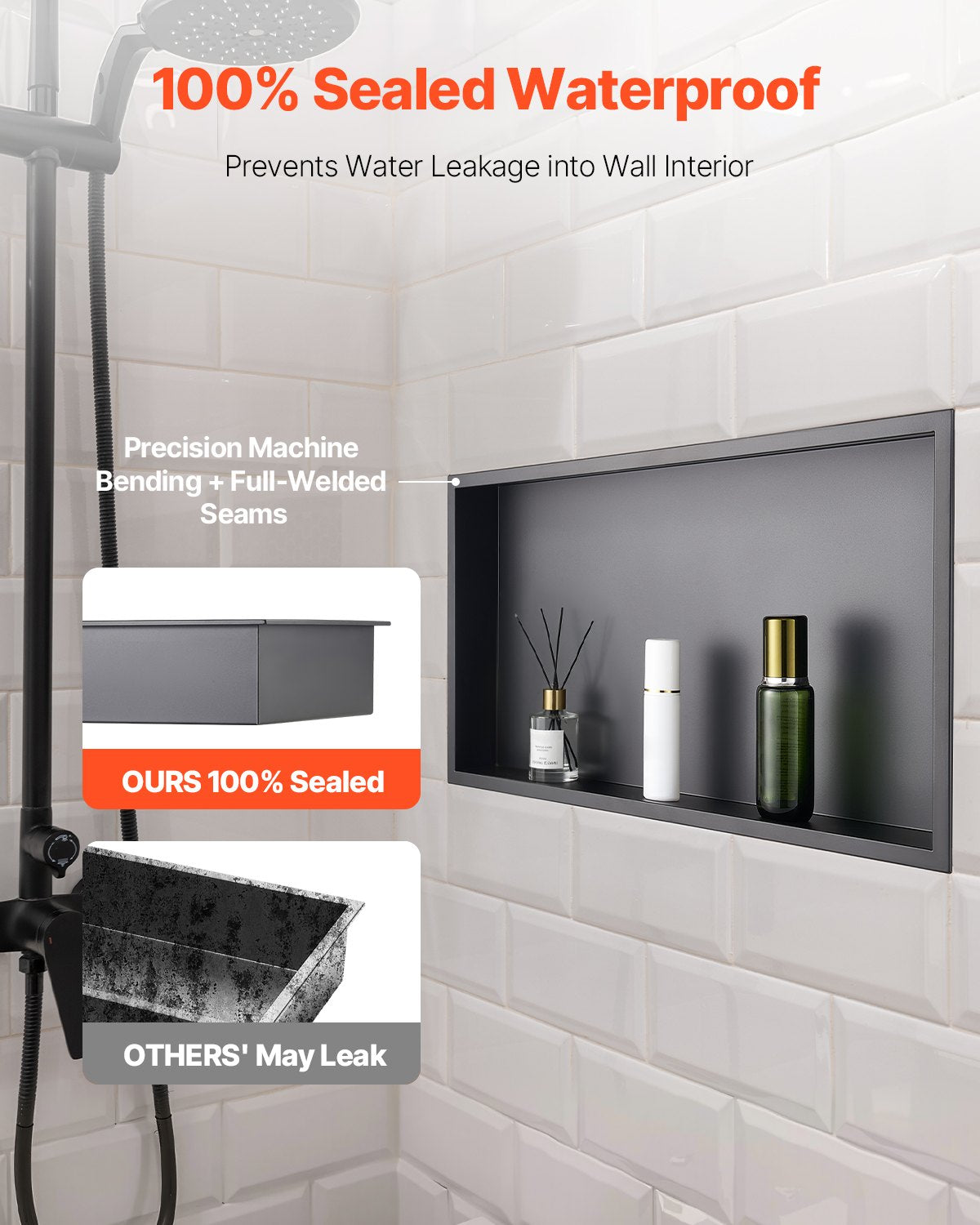 Bathroom Cabinets, Cupboards & Storage: VEVOR Shower Niche, 33.0 x 63.5 x 10.2 cm Recessed Wall Niche, Heavy-duty Stainless Steel Modern Soap & Shampoo Storage Organizer, Sealed Waterproof, Durable & Easy to Install, Black for Bathroom