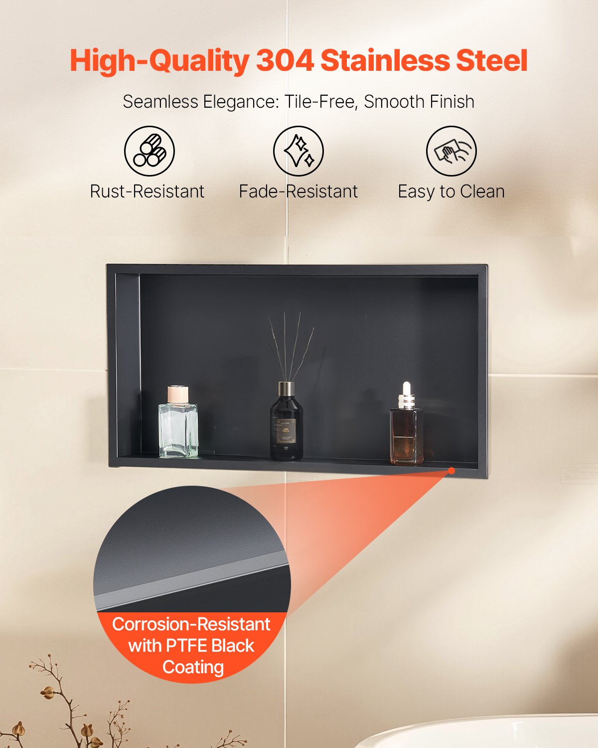 Bathroom Cabinets, Cupboards & Storage: VEVOR Shower Niche, 33.0 x 63.5 x 10.2 cm Recessed Wall Niche, Heavy-duty Stainless Steel Modern Soap & Shampoo Storage Organizer, Sealed Waterproof, Durable & Easy to Install, Black for Bathroom