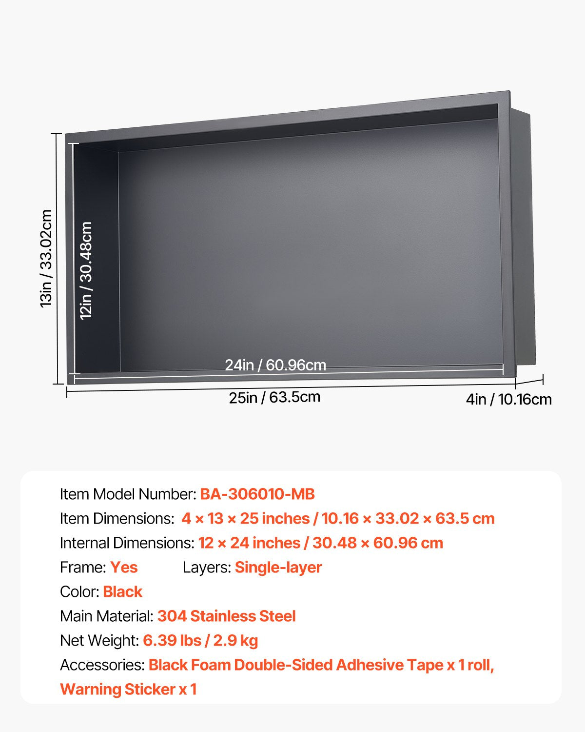 Bathroom Cabinets, Cupboards & Storage: VEVOR Shower Niche, 33.0 x 63.5 x 10.2 cm Recessed Wall Niche, Heavy-duty Stainless Steel Modern Soap & Shampoo Storage Organizer, Sealed Waterproof, Durable & Easy to Install, Black for Bathroom