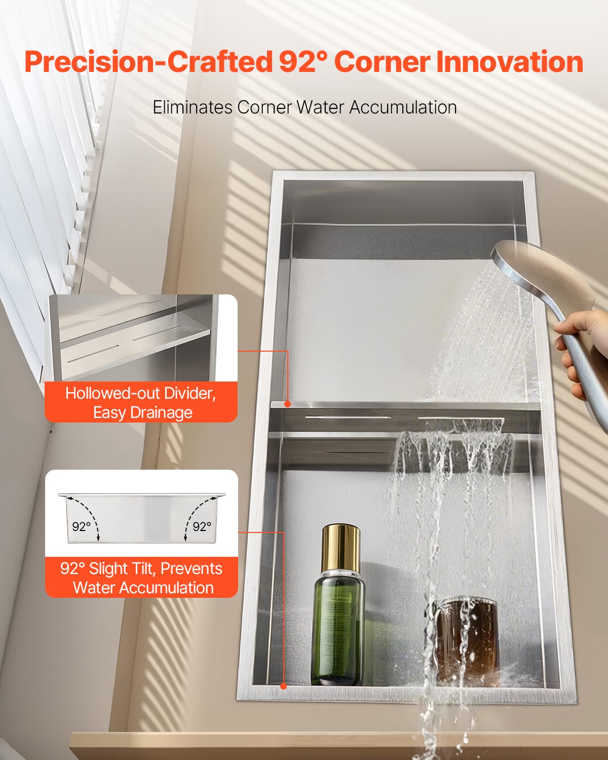 Bathroom Cabinets, Cupboards & Storage: VEVOR Shower Niche, 33.0 x 63.5 x 10.2 cm Recessed Wall Niche Double-layer, with Hollowed-out Divider, Heavy-duty Stainless Steel Modern Shampoo Storage Organizer, Waterproof, Silver for Bathroom
