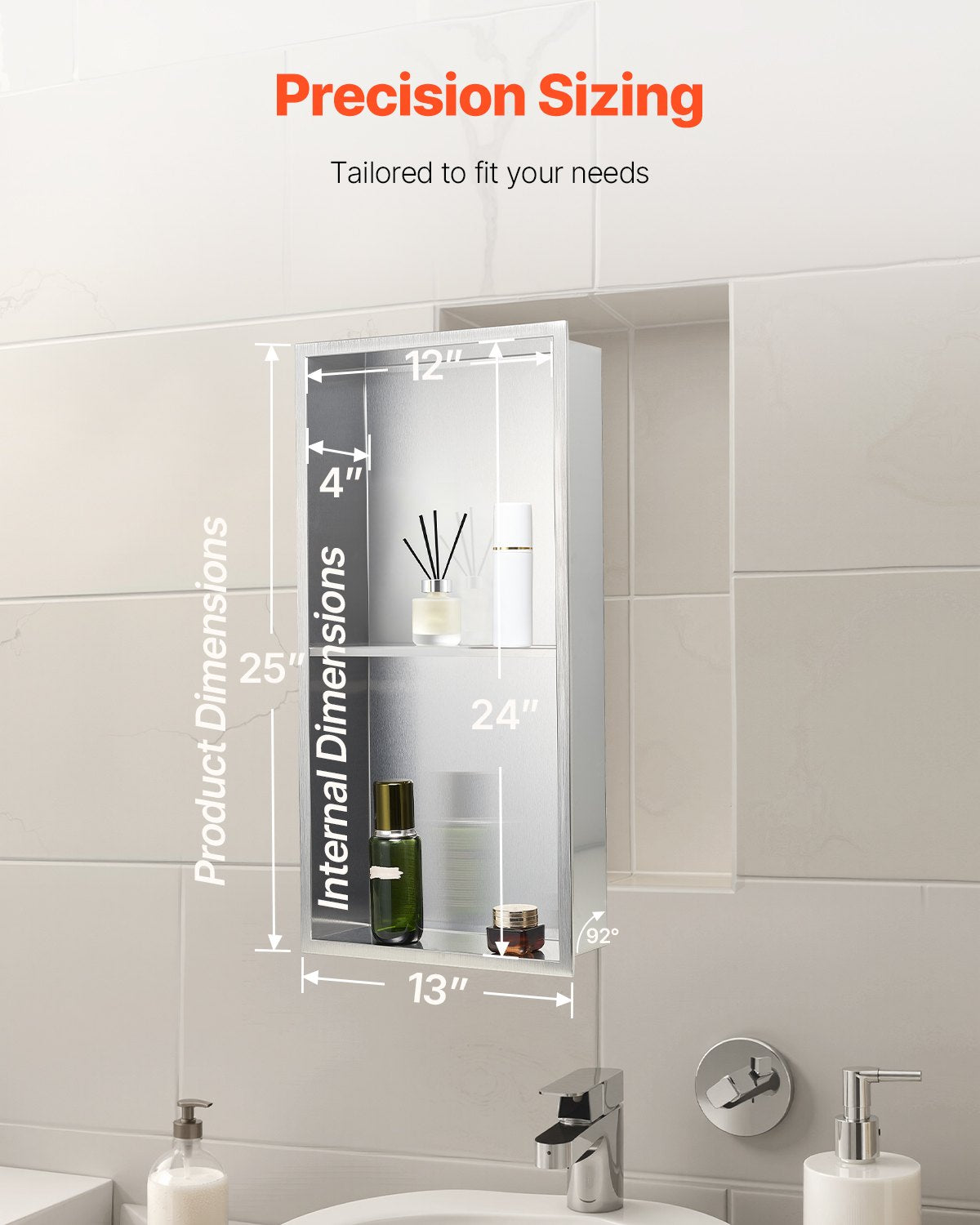 Bathroom Cabinets, Cupboards & Storage: VEVOR Shower Niche, 33.0 x 63.5 x 10.2 cm Recessed Wall Niche Double-layer, with Hollowed-out Divider, Heavy-duty Stainless Steel Modern Shampoo Storage Organizer, Waterproof, Silver for Bathroom