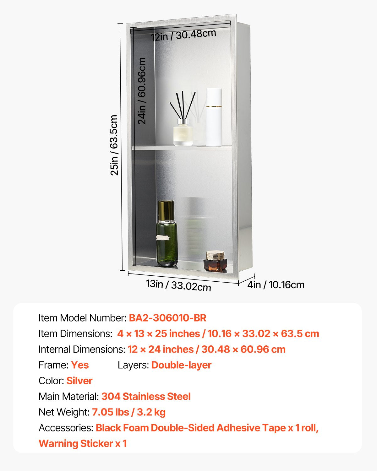 Bathroom Cabinets, Cupboards & Storage: VEVOR Shower Niche, 33.0 x 63.5 x 10.2 cm Recessed Wall Niche Double-layer, with Hollowed-out Divider, Heavy-duty Stainless Steel Modern Shampoo Storage Organizer, Waterproof, Silver for Bathroom