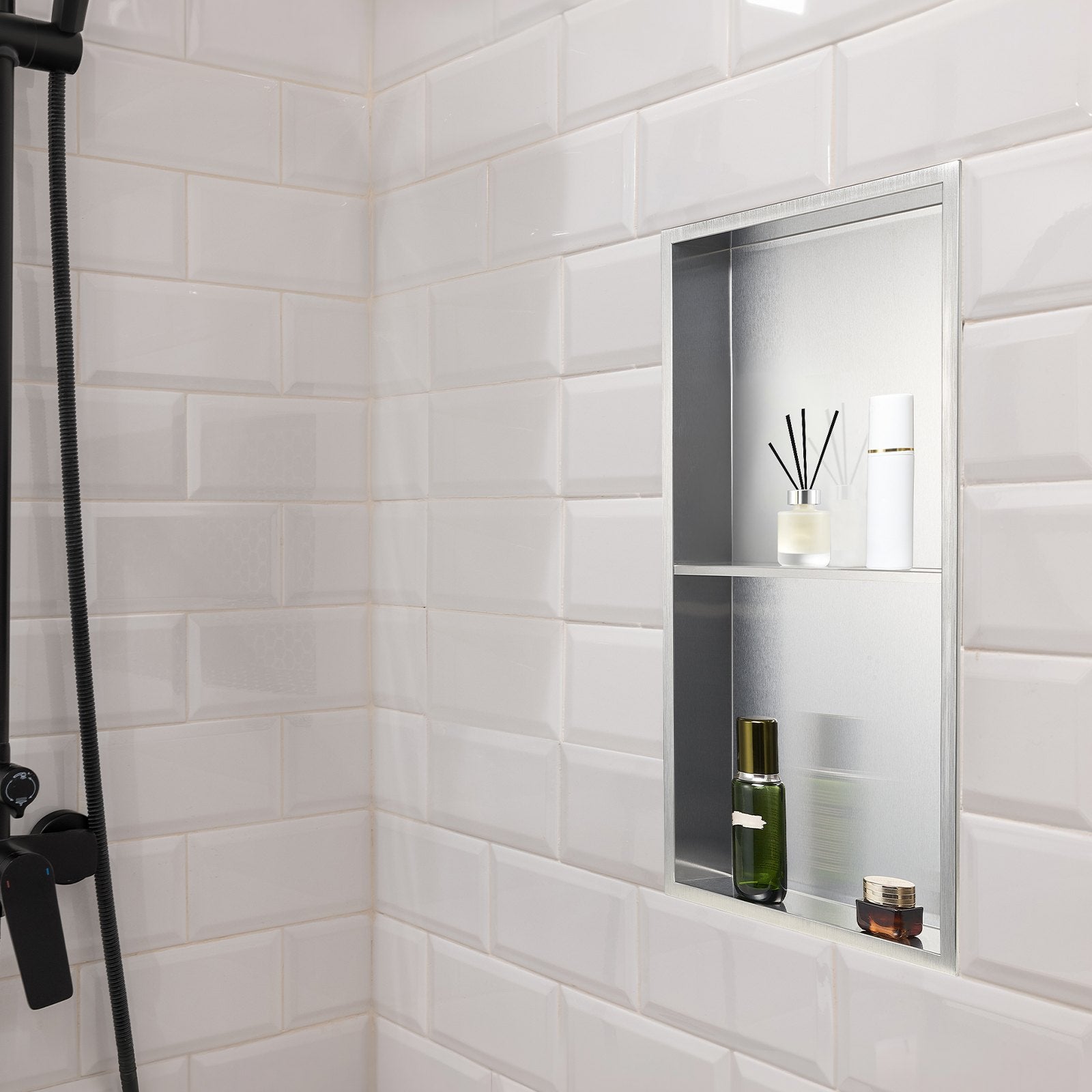 Bathroom Cabinets, Cupboards & Storage: VEVOR Shower Niche, 33.0 x 63.5 x 10.2 cm Recessed Wall Niche Double-layer, with Hollowed-out Divider, Heavy-duty Stainless Steel Modern Shampoo Storage Organizer, Waterproof, Silver for Bathroom