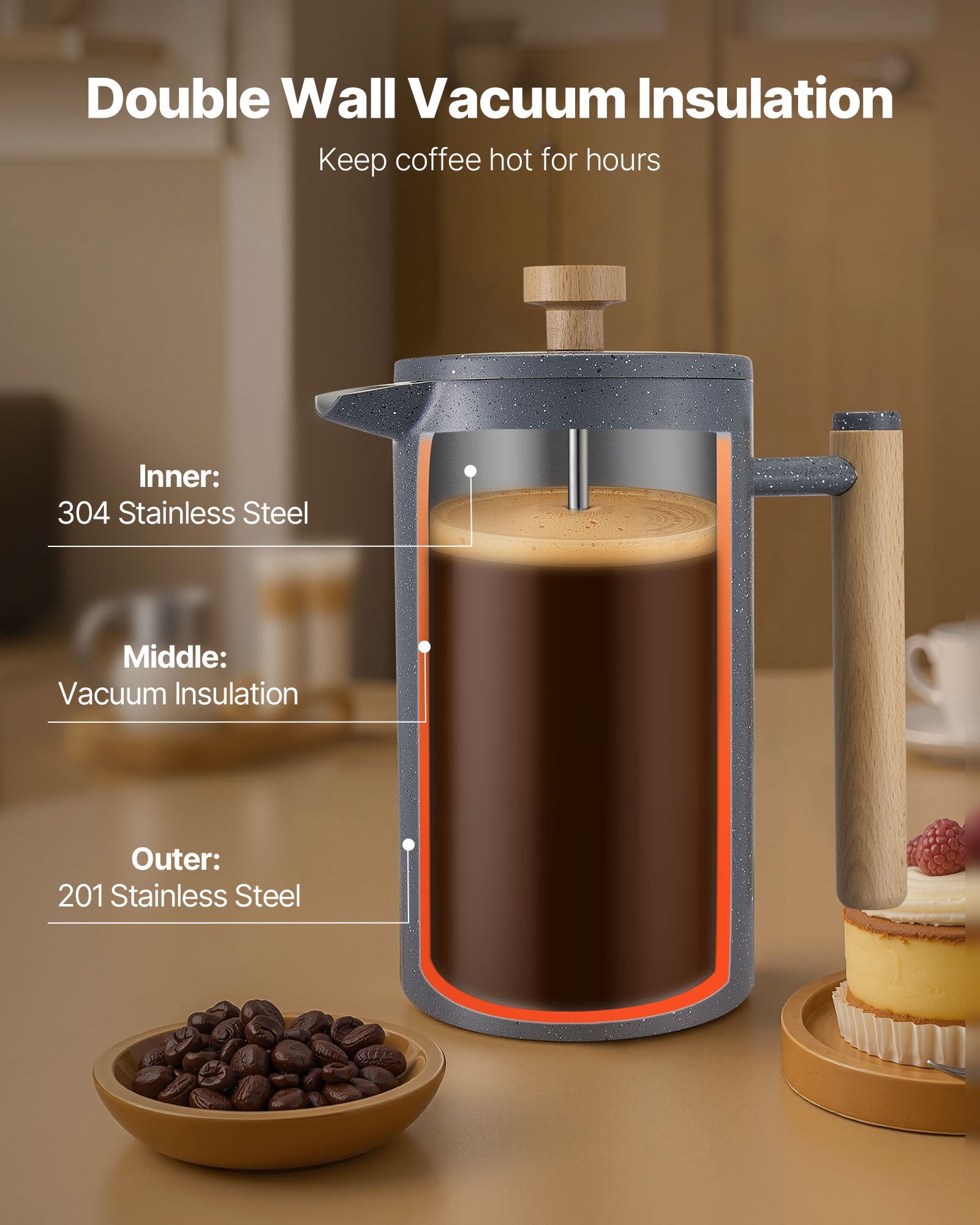 Distilling & Brewing: VEVOR French Press Coffee Maker, 1 Liter Stainless Steel Coffee Press Tea Maker with Filter, Large Double Wall Insulated French Presses Cold Brew for Camping Travel Home Kitchen, Black