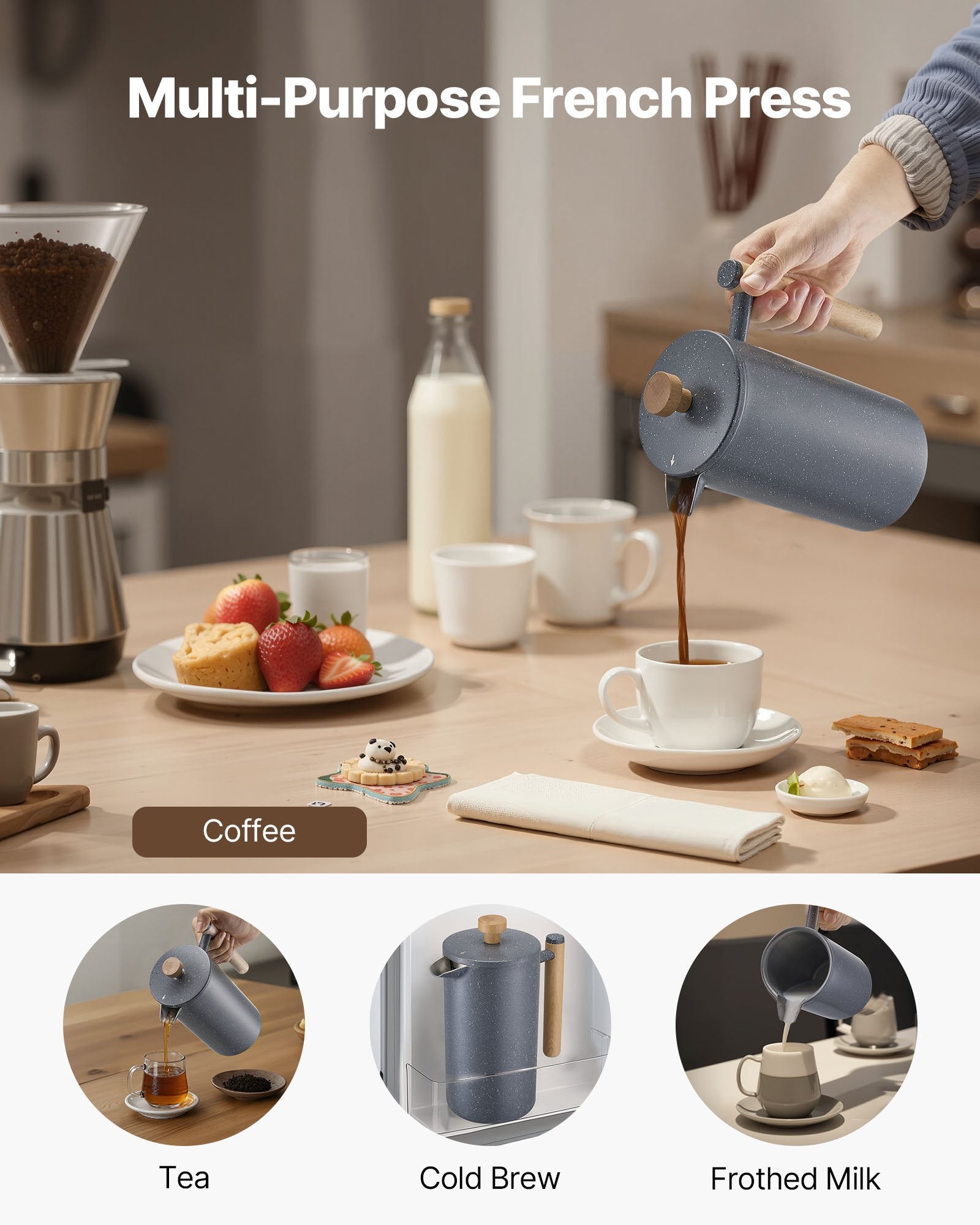 Distilling & Brewing: VEVOR French Press Coffee Maker, 1 Liter Stainless Steel Coffee Press Tea Maker with Filter, Large Double Wall Insulated French Presses Cold Brew for Camping Travel Home Kitchen, Black