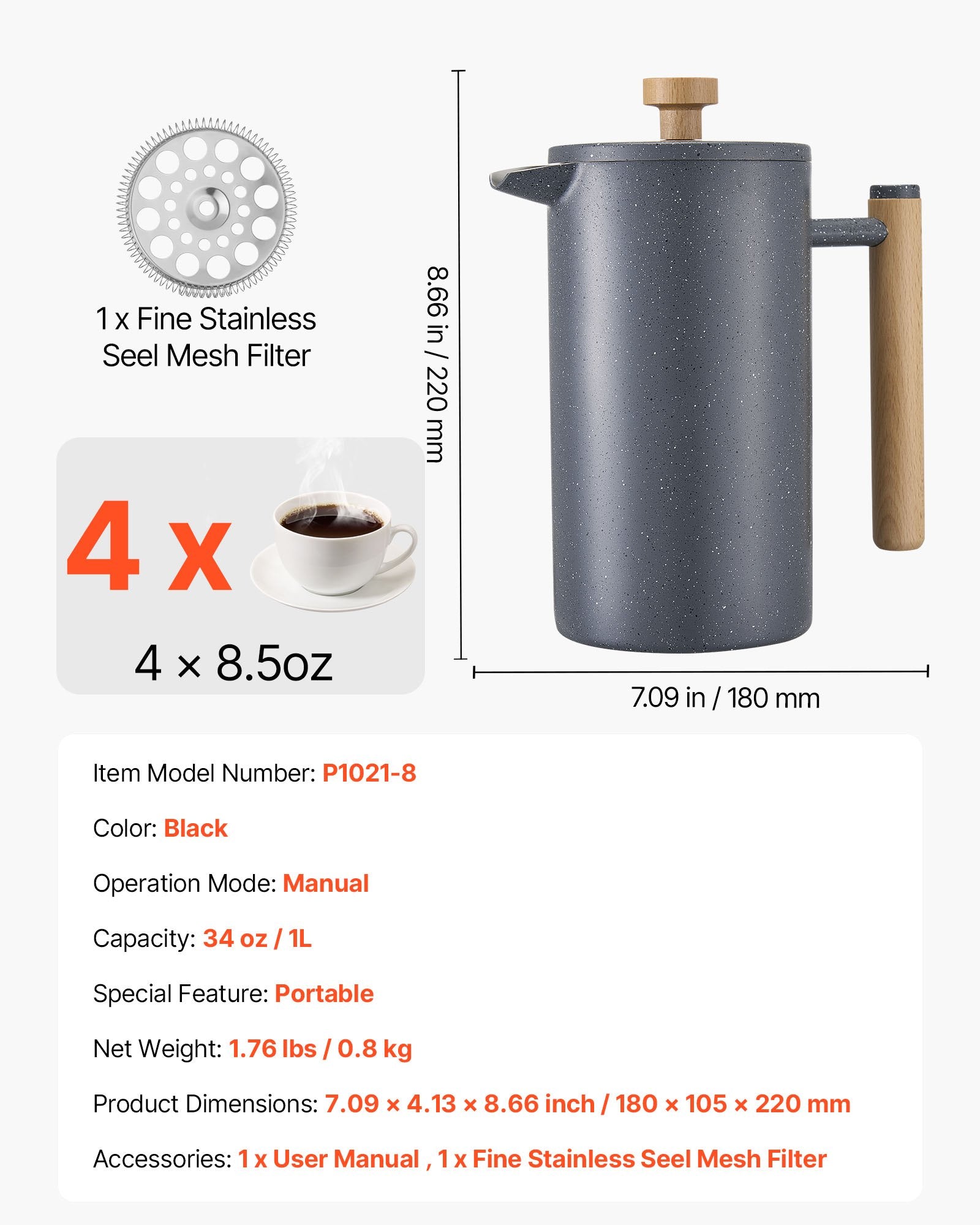 Distilling & Brewing: VEVOR French Press Coffee Maker, 1 Liter Stainless Steel Coffee Press Tea Maker with Filter, Large Double Wall Insulated French Presses Cold Brew for Camping Travel Home Kitchen, Black