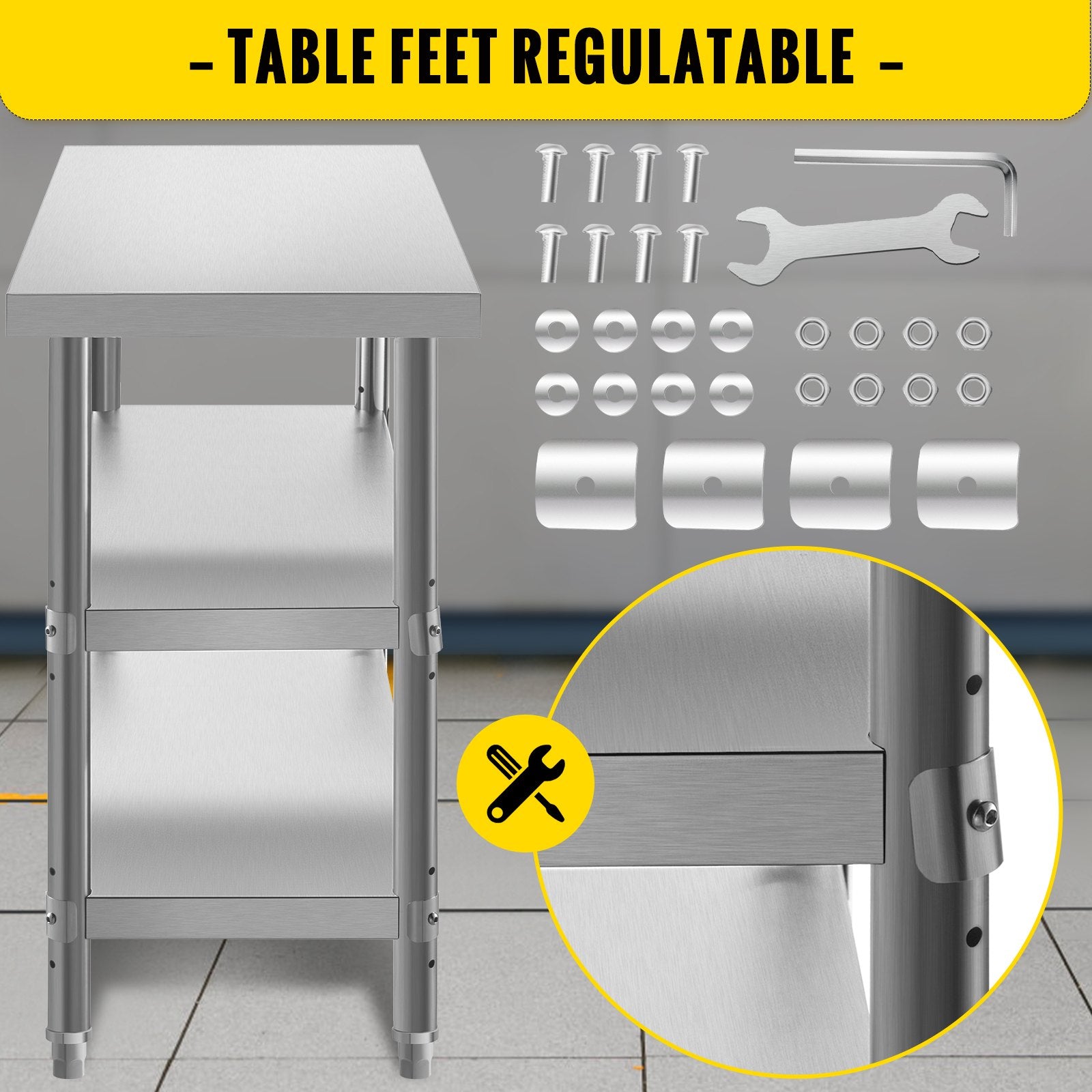 Kitchen & Dining Chairs: VEVOR Stainless Steel Prep Table, 1520x450x855 mm Commercial Stainless Steel Table, 2 Adjustable Undershelf BBQ Prep Table, Heavy Duty Kitchen Work Table, for Garage, Home, Warehouse, Kitchen Silver