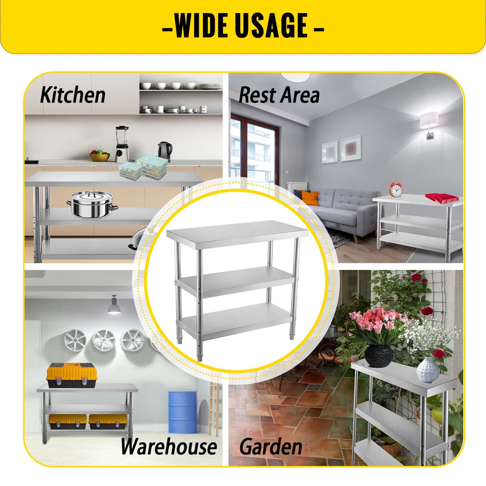 Kitchen & Dining Chairs: VEVOR Stainless Steel Prep Table, 1520x450x855 mm Commercial Stainless Steel Table, 2 Adjustable Undershelf BBQ Prep Table, Heavy Duty Kitchen Work Table, for Garage, Home, Warehouse, Kitchen Silver
