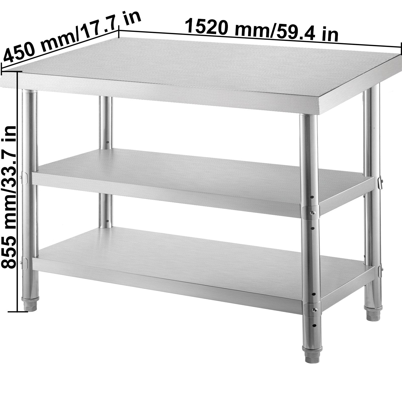 Kitchen & Dining Chairs: VEVOR Stainless Steel Prep Table, 1520x450x855 mm Commercial Stainless Steel Table, 2 Adjustable Undershelf BBQ Prep Table, Heavy Duty Kitchen Work Table, for Garage, Home, Warehouse, Kitchen Silver