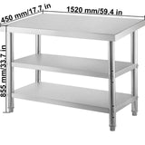 Kitchen & Dining Chairs: VEVOR Stainless Steel Prep Table, 1520x450x855 mm Commercial Stainless Steel Table, 2 Adjustable Undershelf BBQ Prep Table, Heavy Duty Kitchen Work Table, for Garage, Home, Warehouse, Kitchen Silver