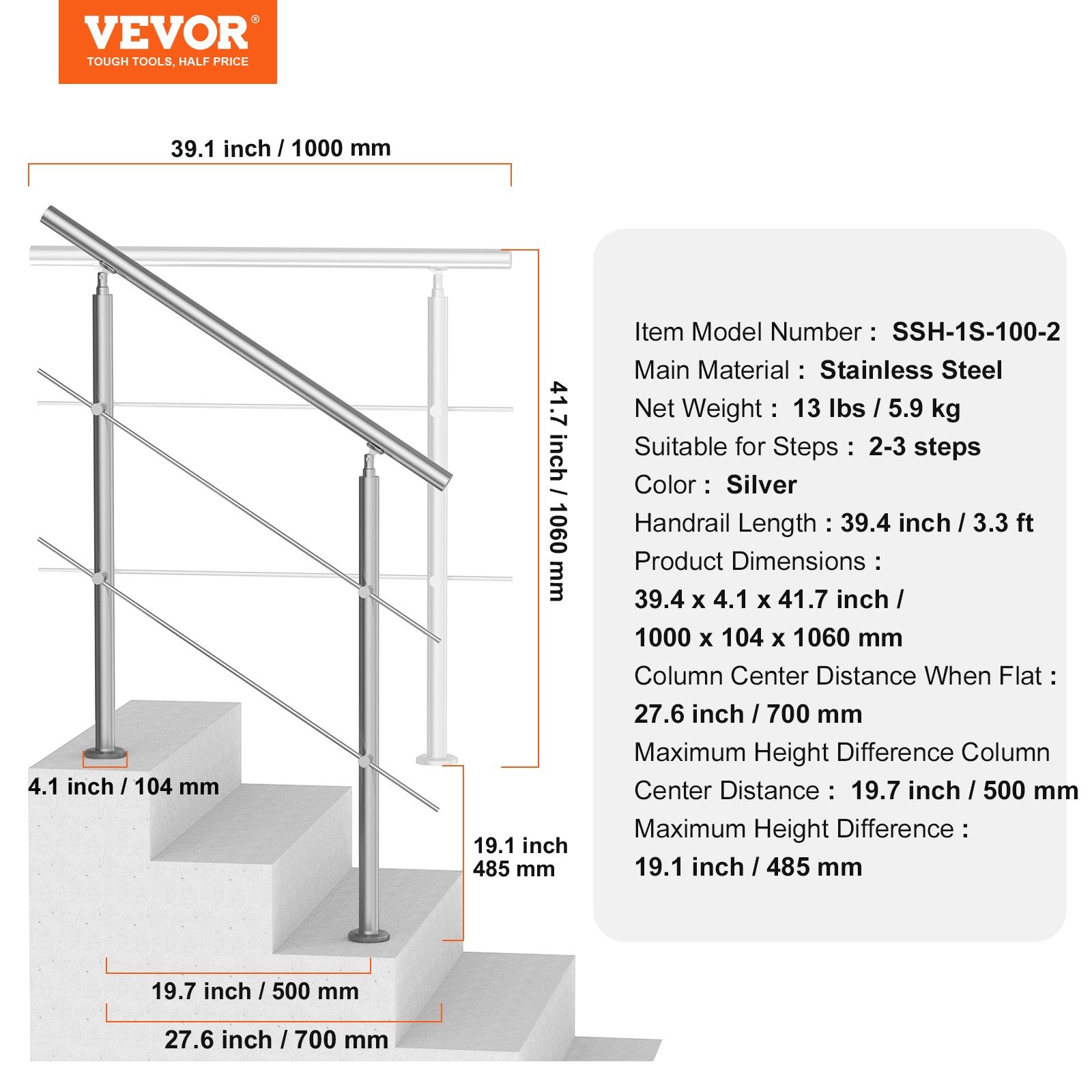 Traffic Control & Parking Tools: VEVOR 39.4in Handrails for Outdoor Steps 2 Crossbars Staircase for Porch Deck