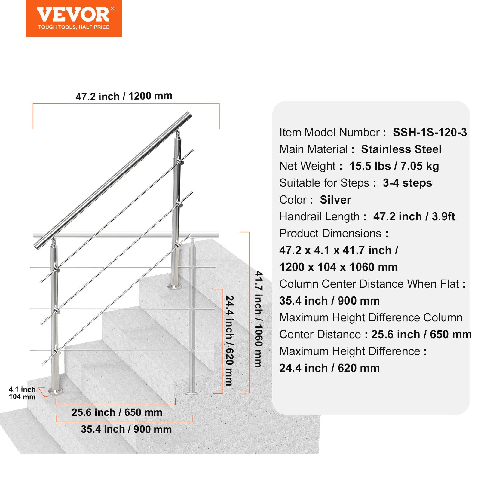 Outdoor Dining Sets: VEVOR 47.2in Handrails for Outdoor Steps 3 Crossbars Staircase for Porch Deck