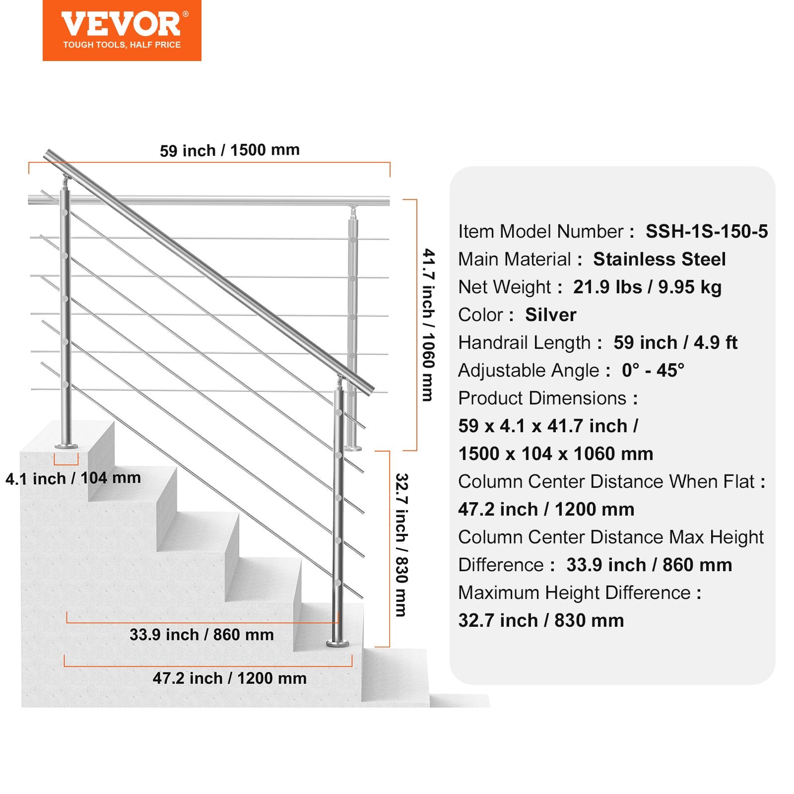 Traffic Control & Parking Tools: VEVOR 59in Handrails for Outdoor Steps 5 Crossbars Staircase for Porch Deck