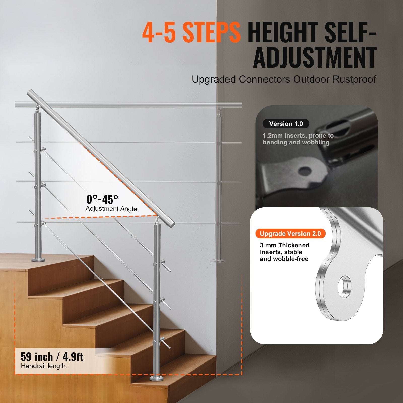 Handrails for Outdoor Steps, 59 in Length 3 Crossbars Stair Hand Rail Kit, Transitional Stainless Steel Railings w/ Installation Kit, Double-column Staircase Handrails for Seniors,Porch & Deck