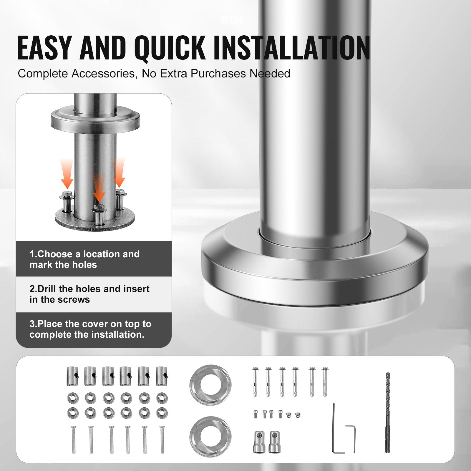 Handrails for Outdoor Steps, 59 in Length 3 Crossbars Stair Hand Rail Kit, Transitional Stainless Steel Railings w/ Installation Kit, Double-column Staircase Handrails for Seniors,Porch & Deck