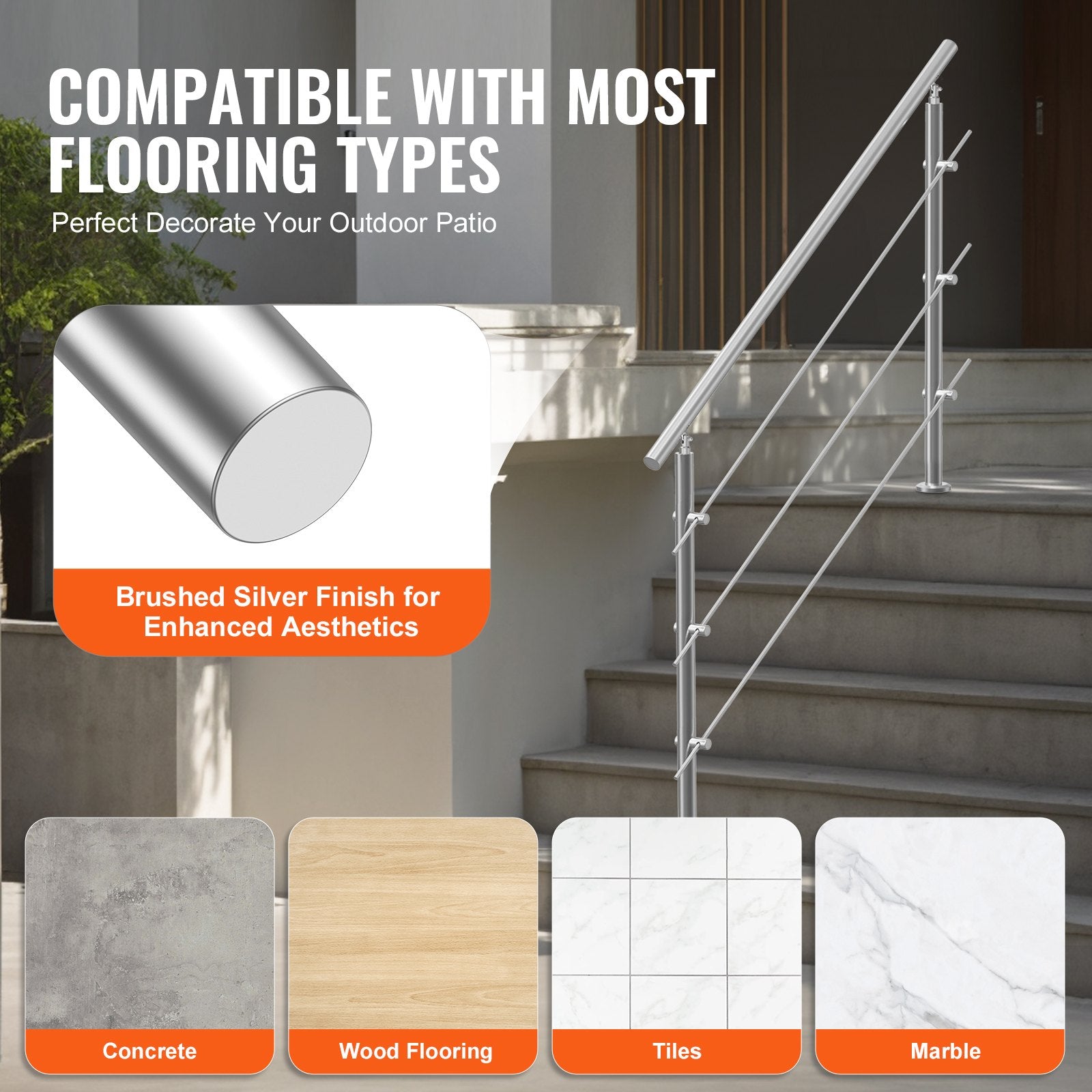 Handrails for Outdoor Steps, 59 in Length 3 Crossbars Stair Hand Rail Kit, Transitional Stainless Steel Railings w/ Installation Kit, Double-column Staircase Handrails for Seniors,Porch & Deck